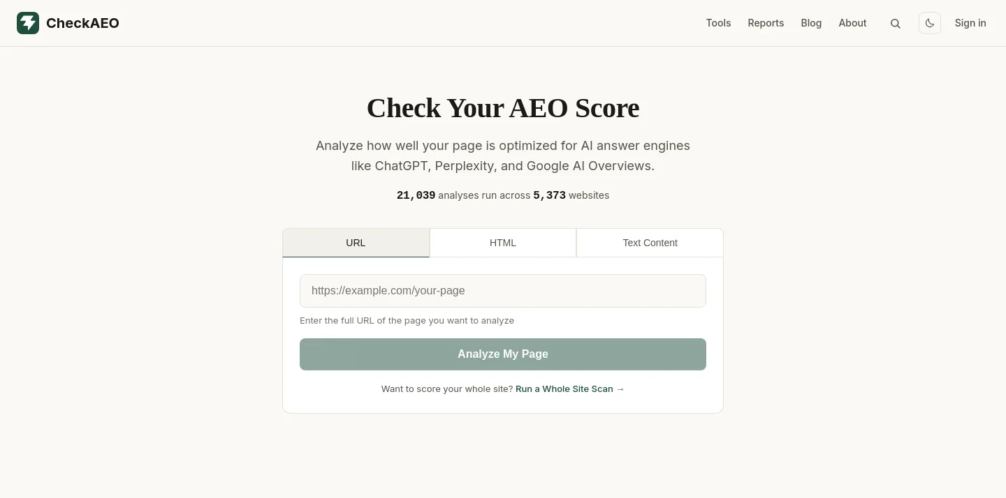 checkaeo.ai — a measured funnel