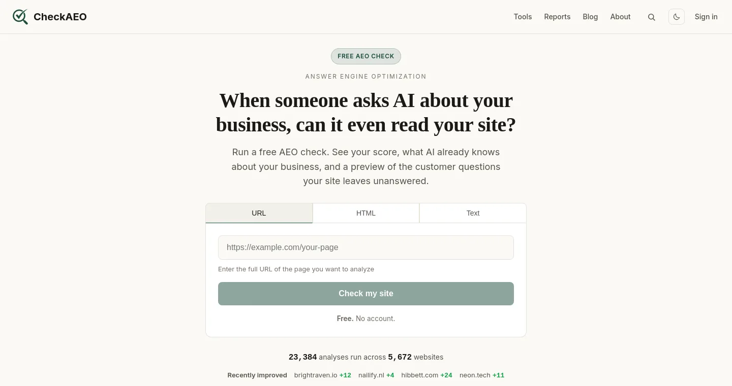 checkaeo.ai — a measured funnel