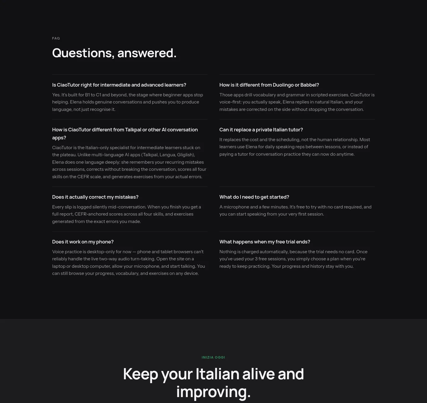 ciaotutor.com FAQ section
