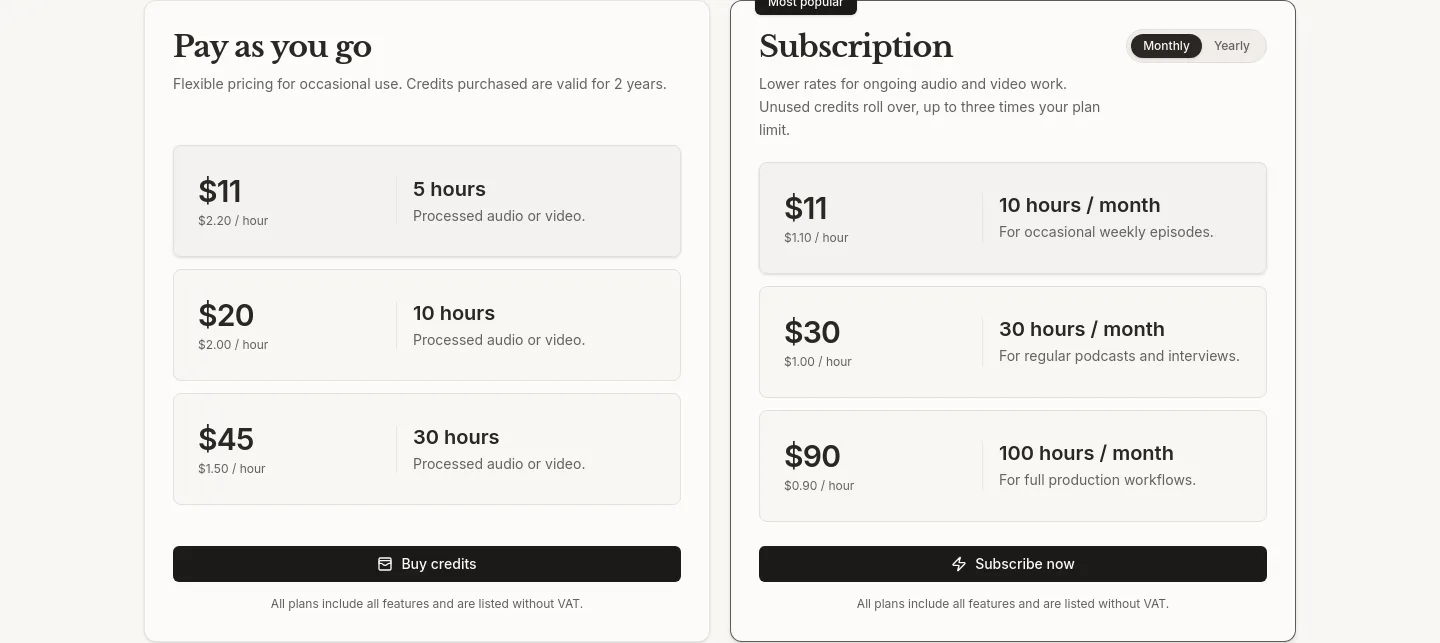 cleanvoice.app — a real Pricing section