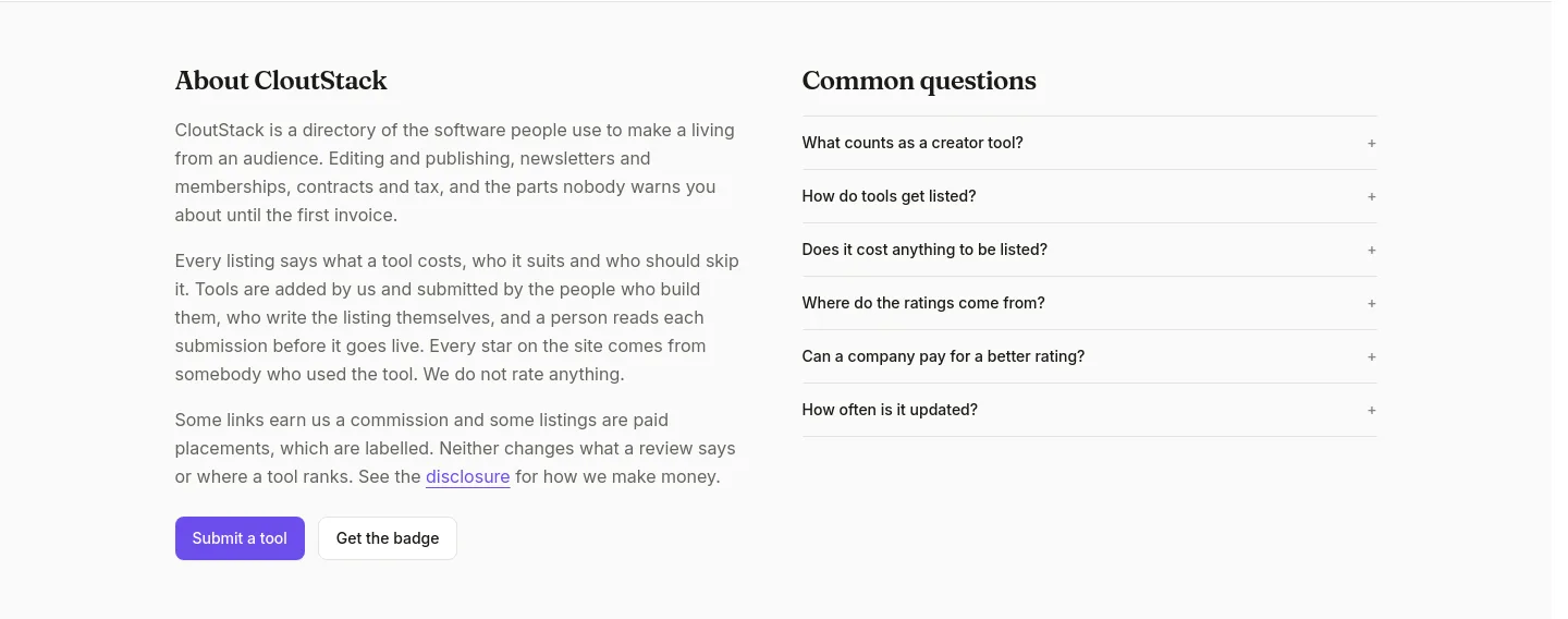 cloutstack.net — a real FAQ section