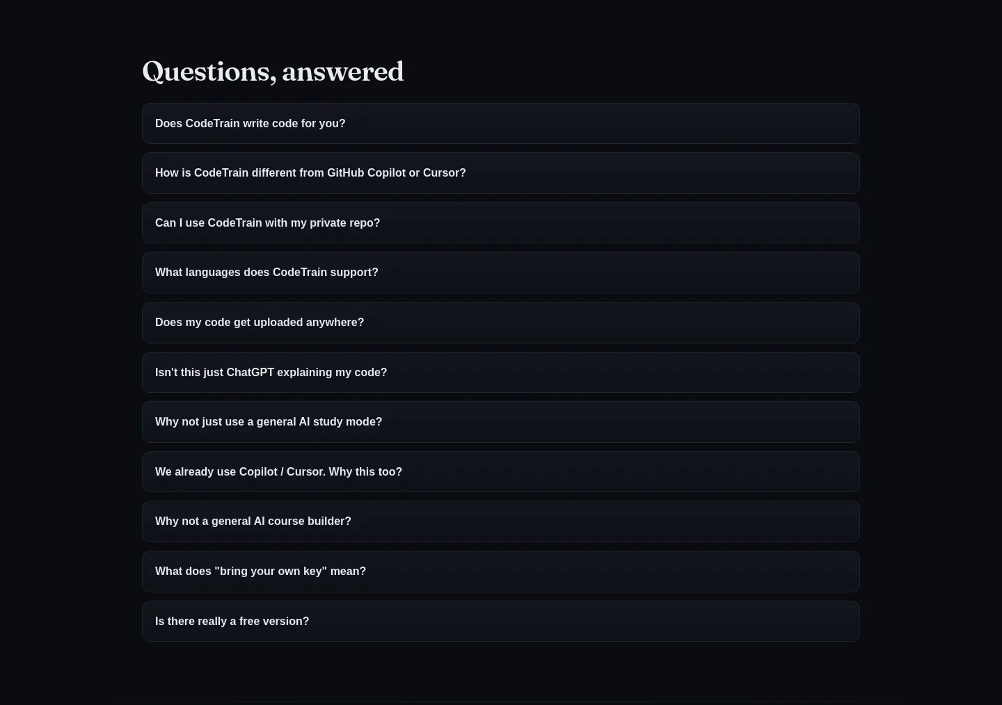 codetrain.ai FAQ section