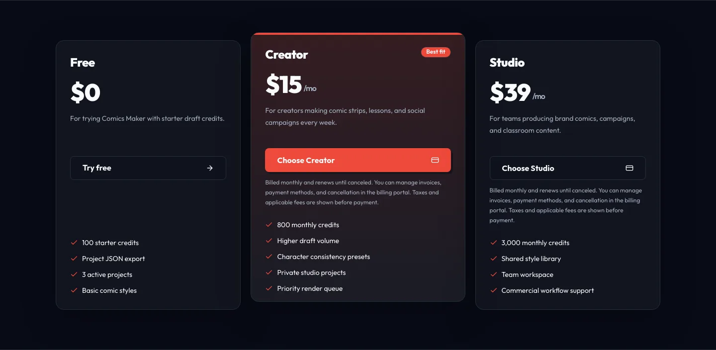 comicsmaker.net — a real Pricing section