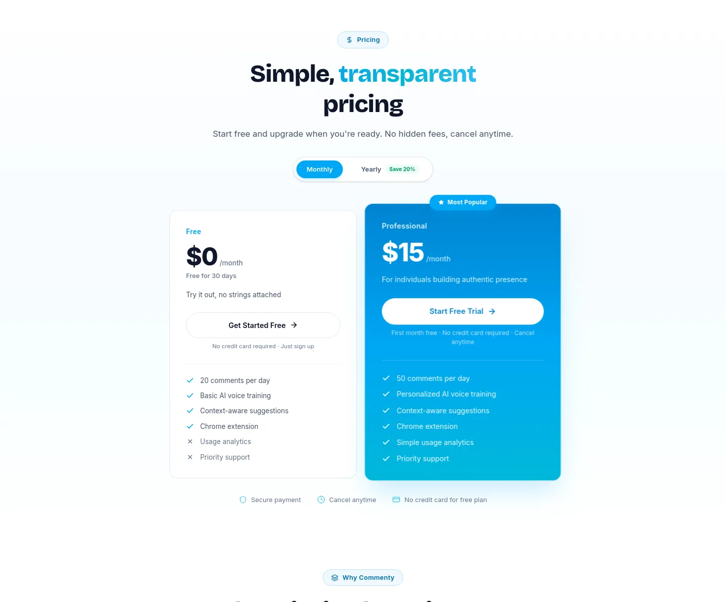 commenty.ai Pricing section