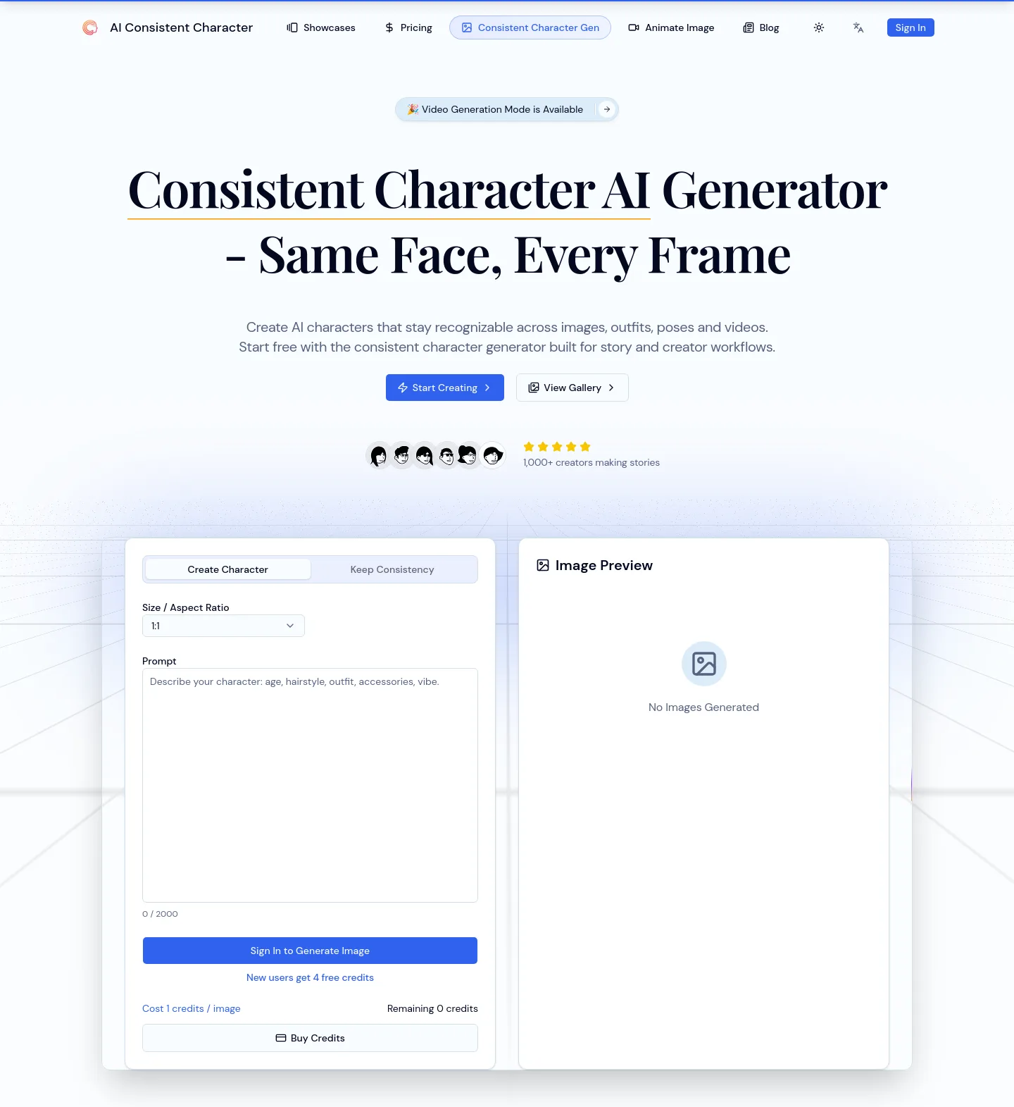 consistentcharacterai.org Hero section