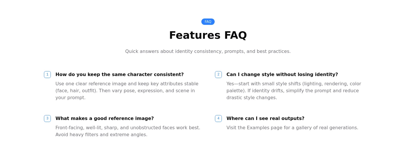 consistentcharacterai.com — a real FAQ section