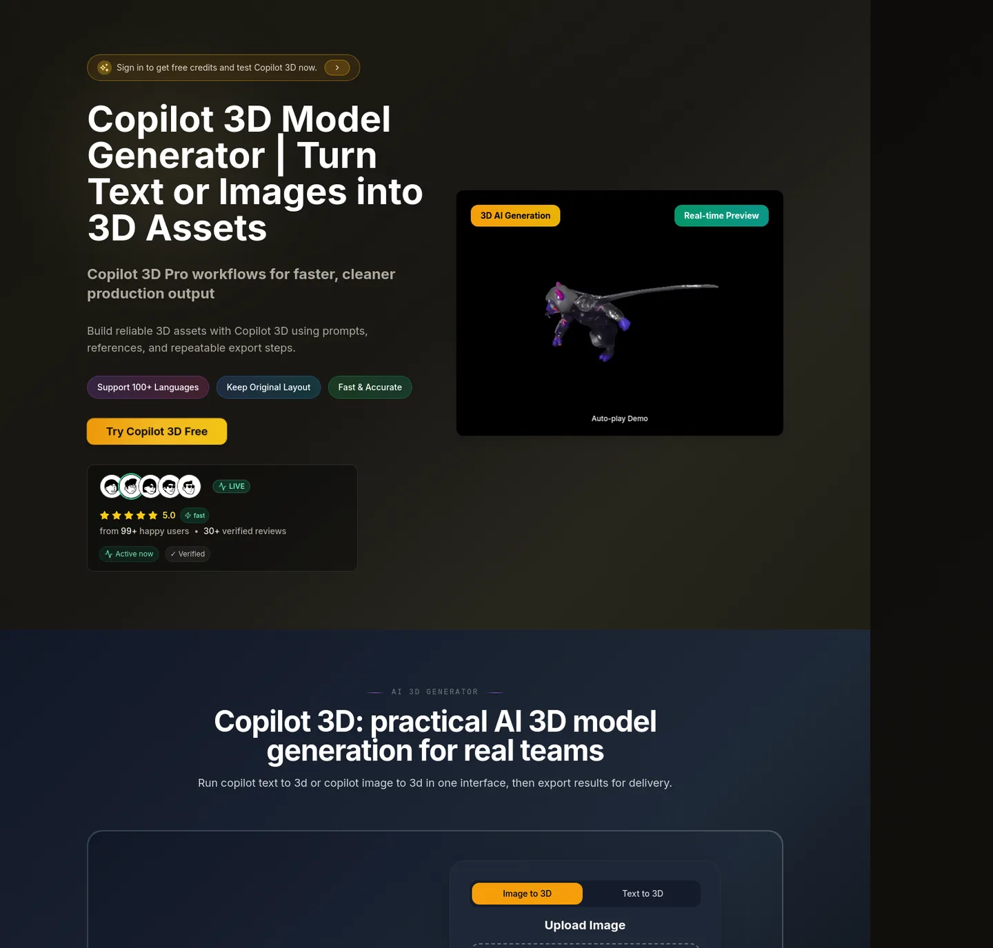 copilot3d.org — a real Hero section