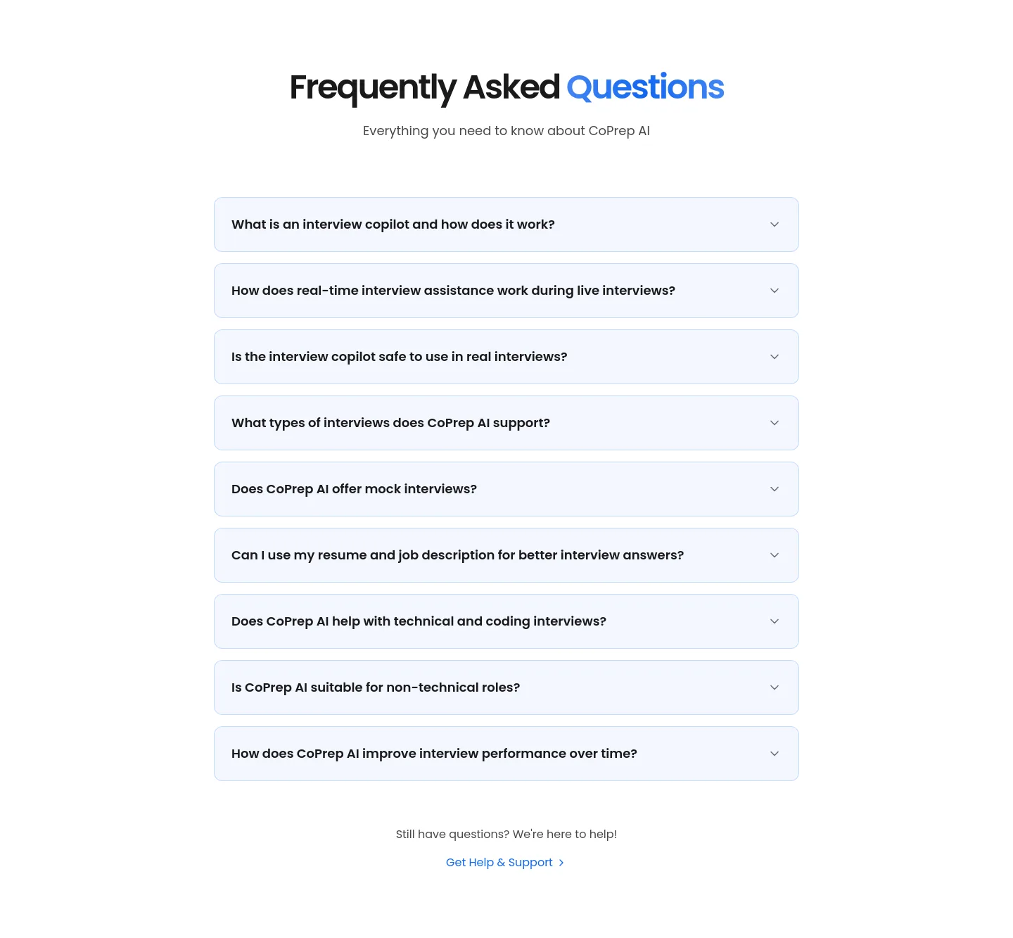 coprep.ai — a real FAQ section
