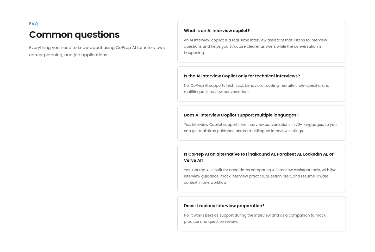 coprep.ai — a real FAQ section