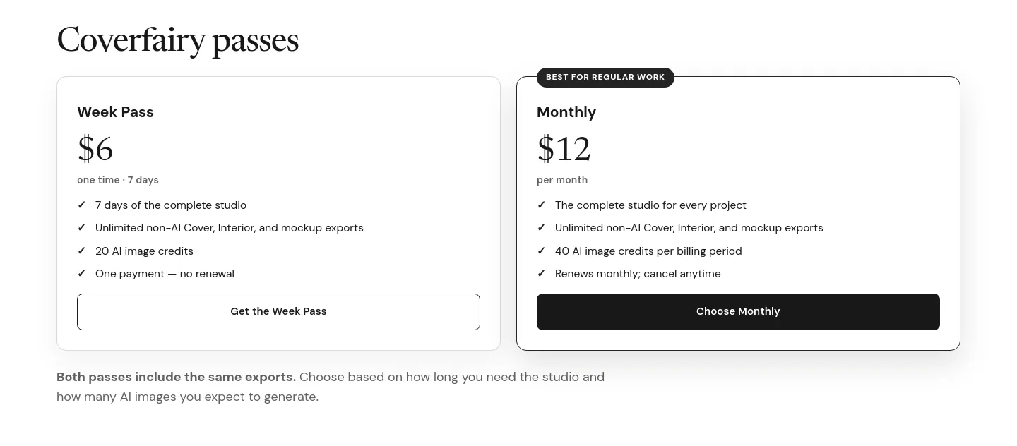 coverfairy.com — a real Pricing section