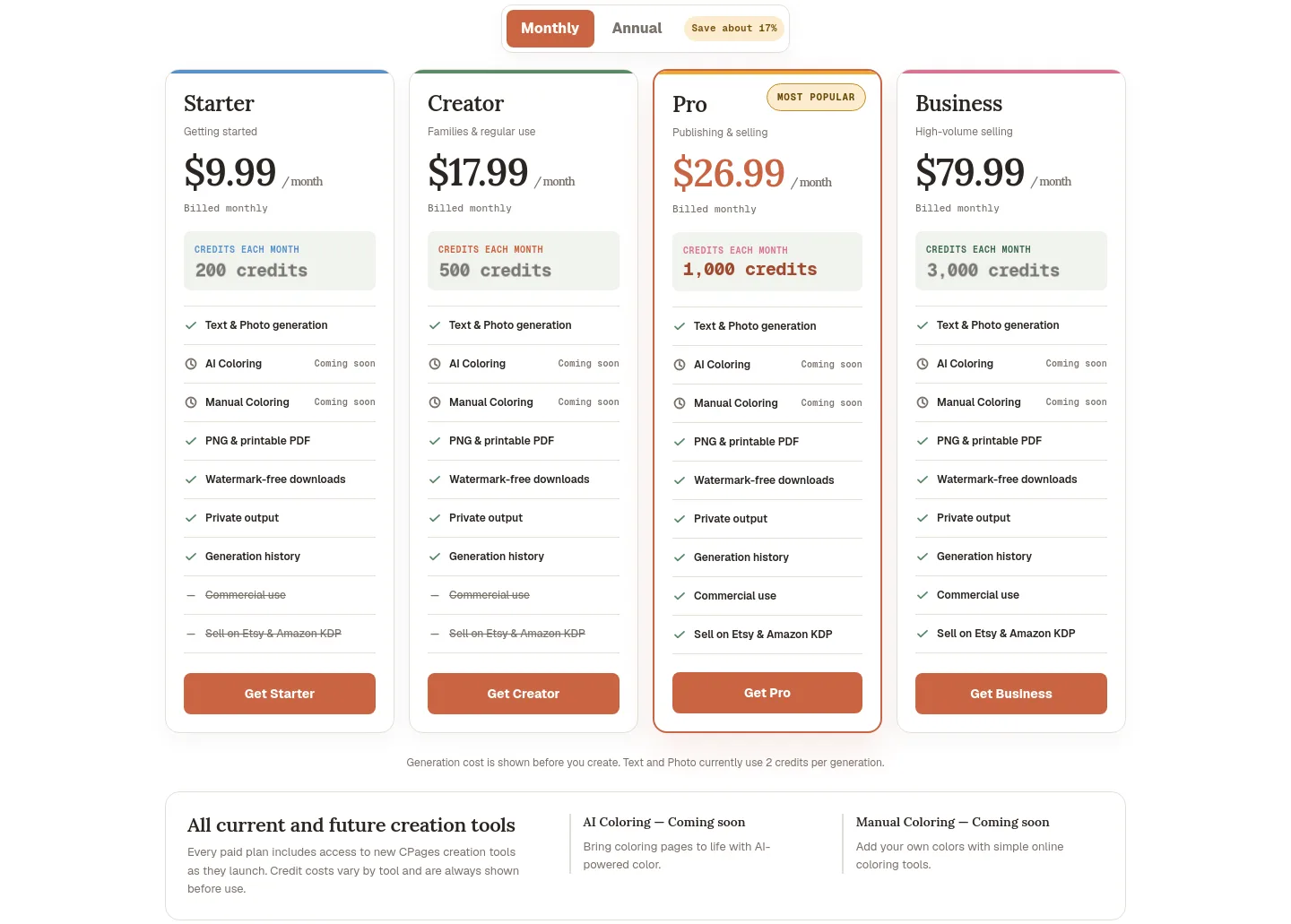 cpages.ai — a real Pricing section