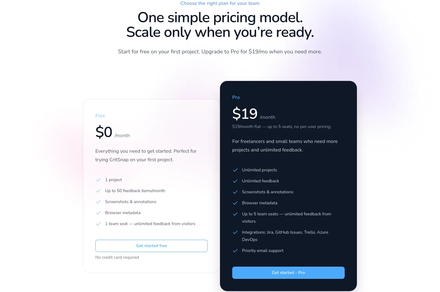 critsnap.app Pricing section