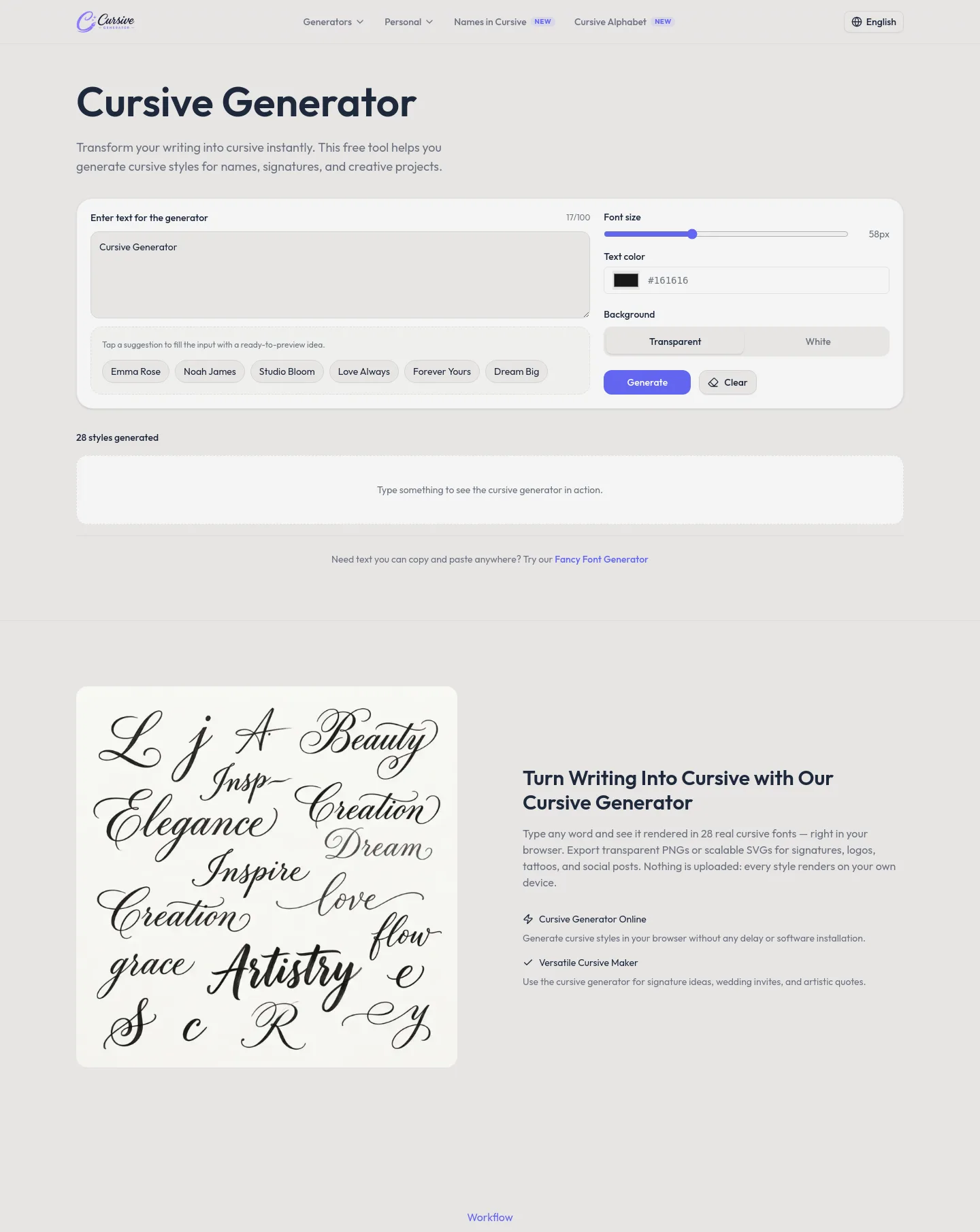 cursive-generator.app — a measured funnel
