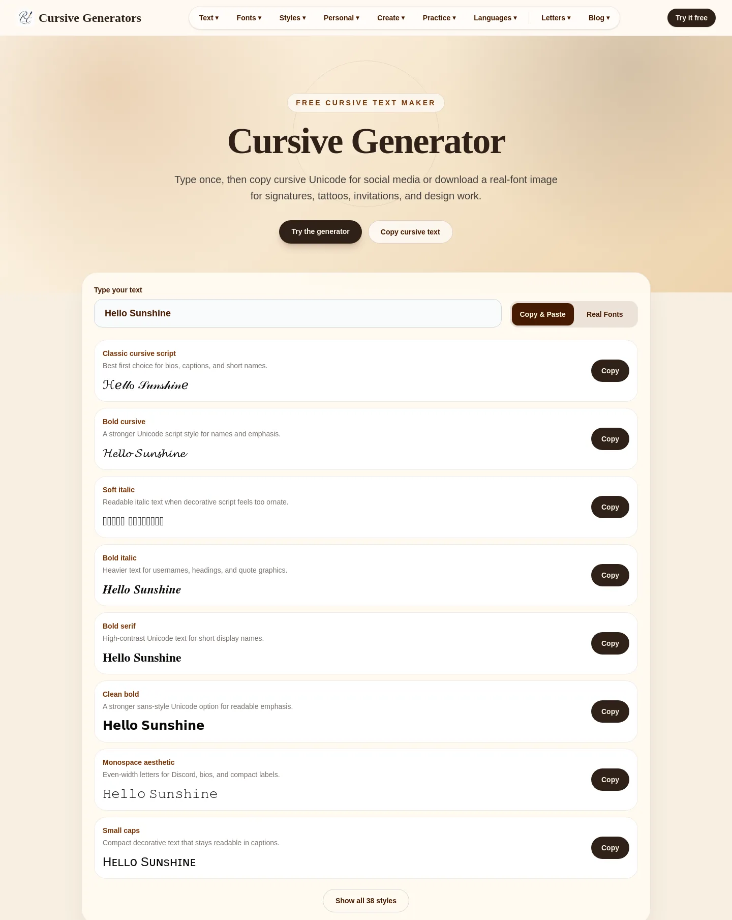 cursivegenerators.org — a real Hero + Features + FAQ page
