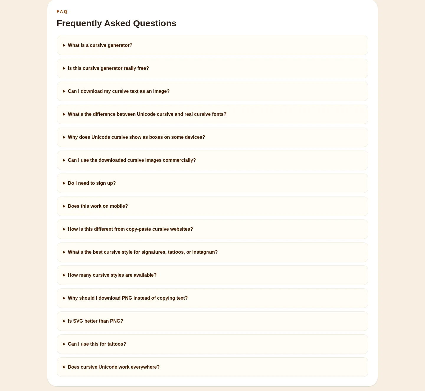 cursivegenerators.org FAQ section