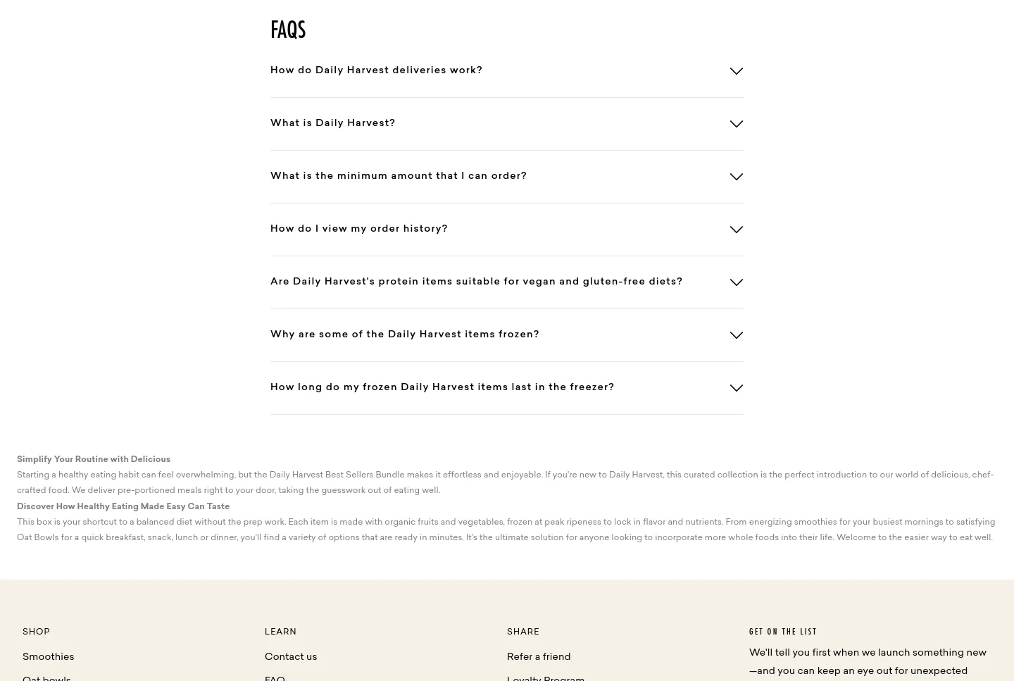 daily-harvest.com FAQ section