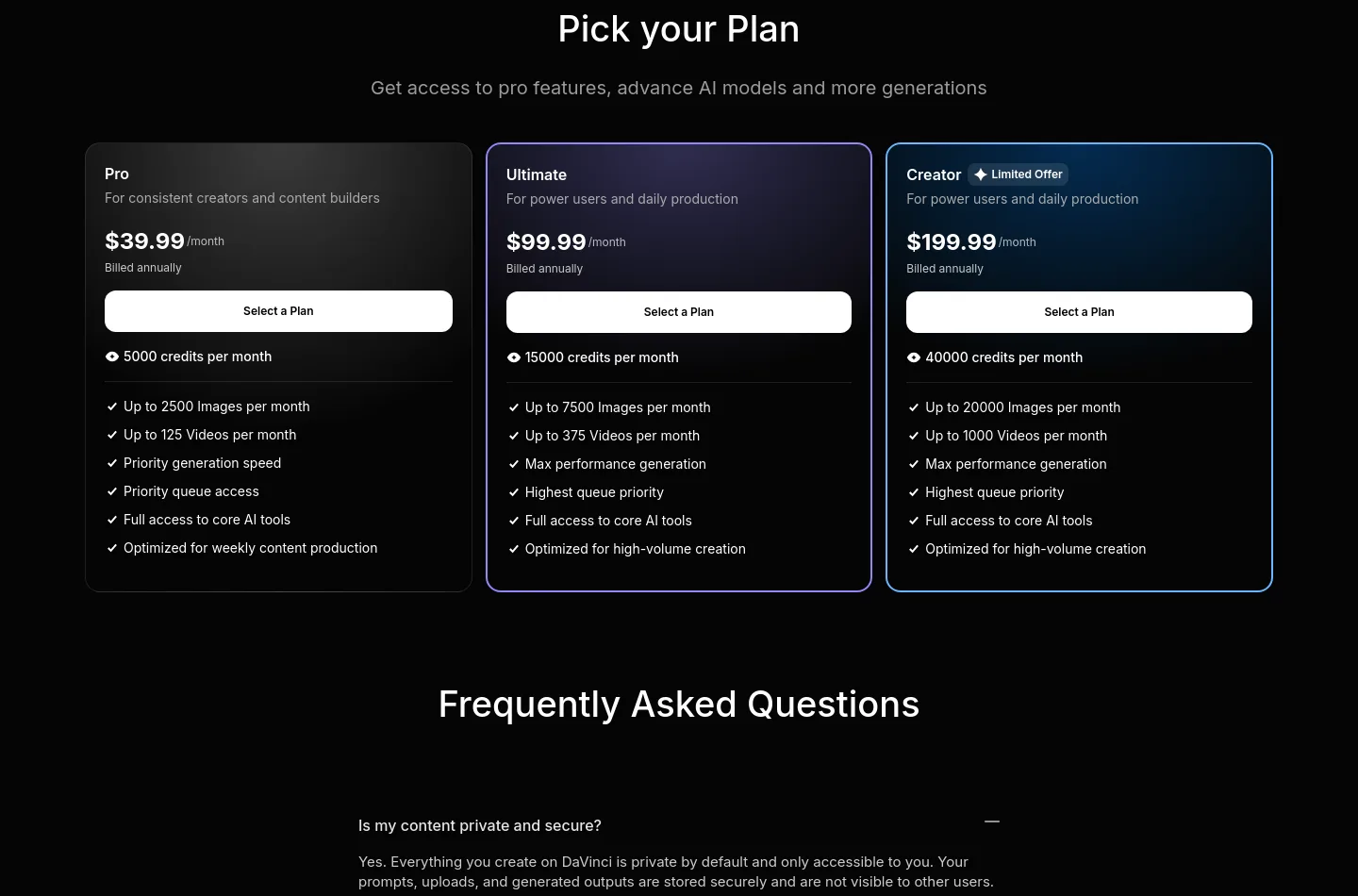 davinci.ai Pricing section