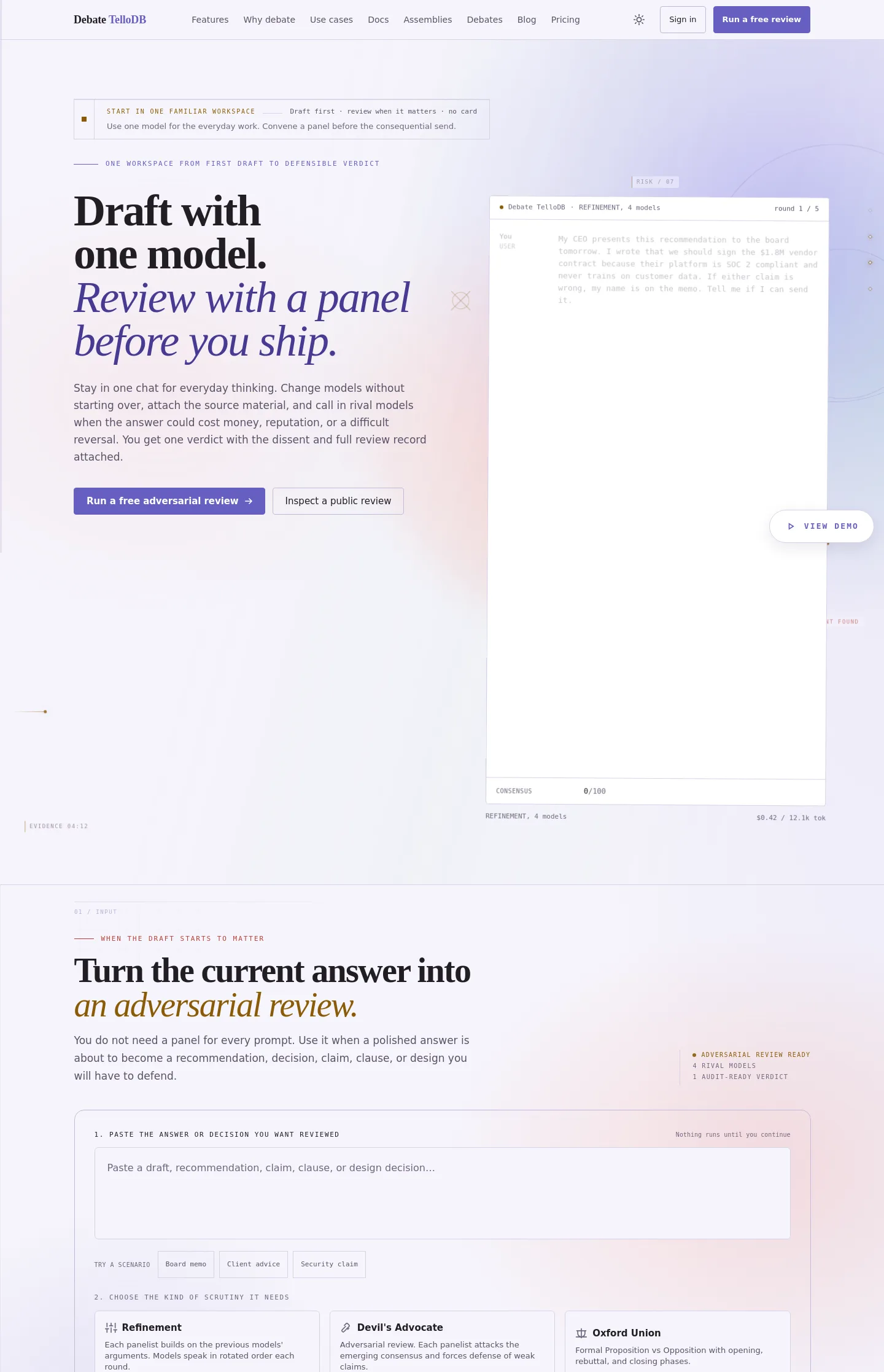 debate.tellodb.com — a real Hero + Pricing page