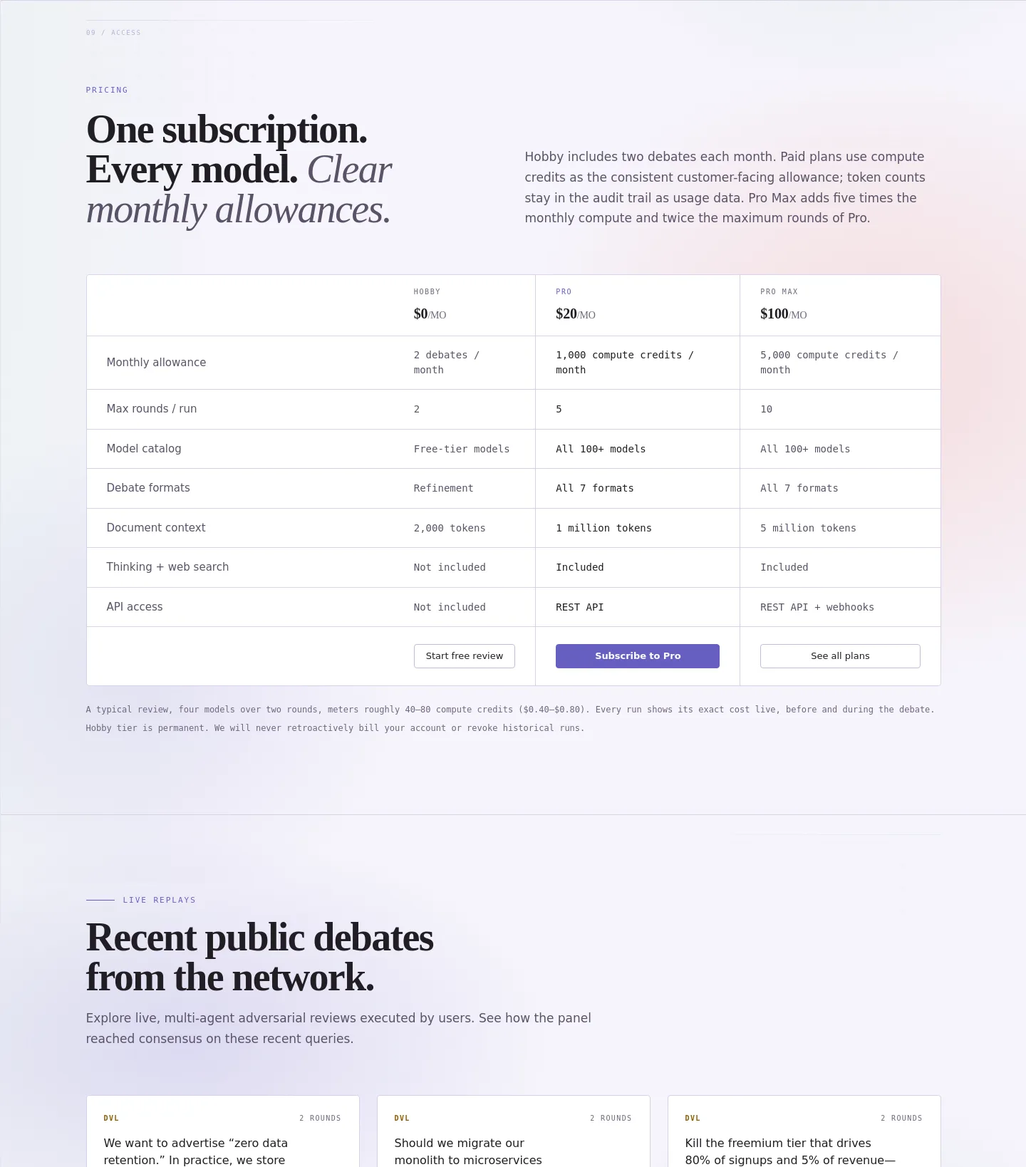 debate.tellodb.com Pricing section