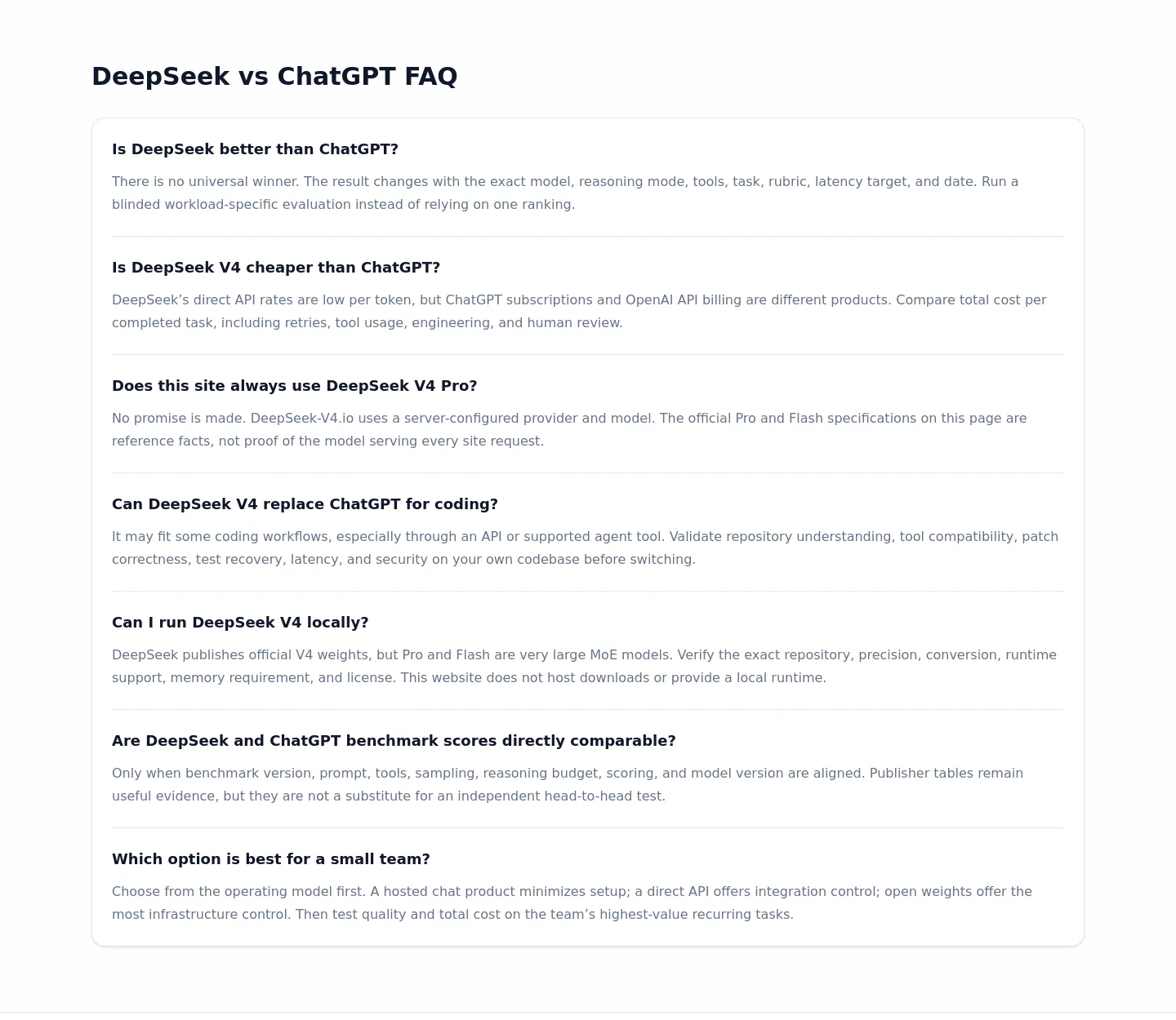 deepseek-v4.io — a real FAQ section