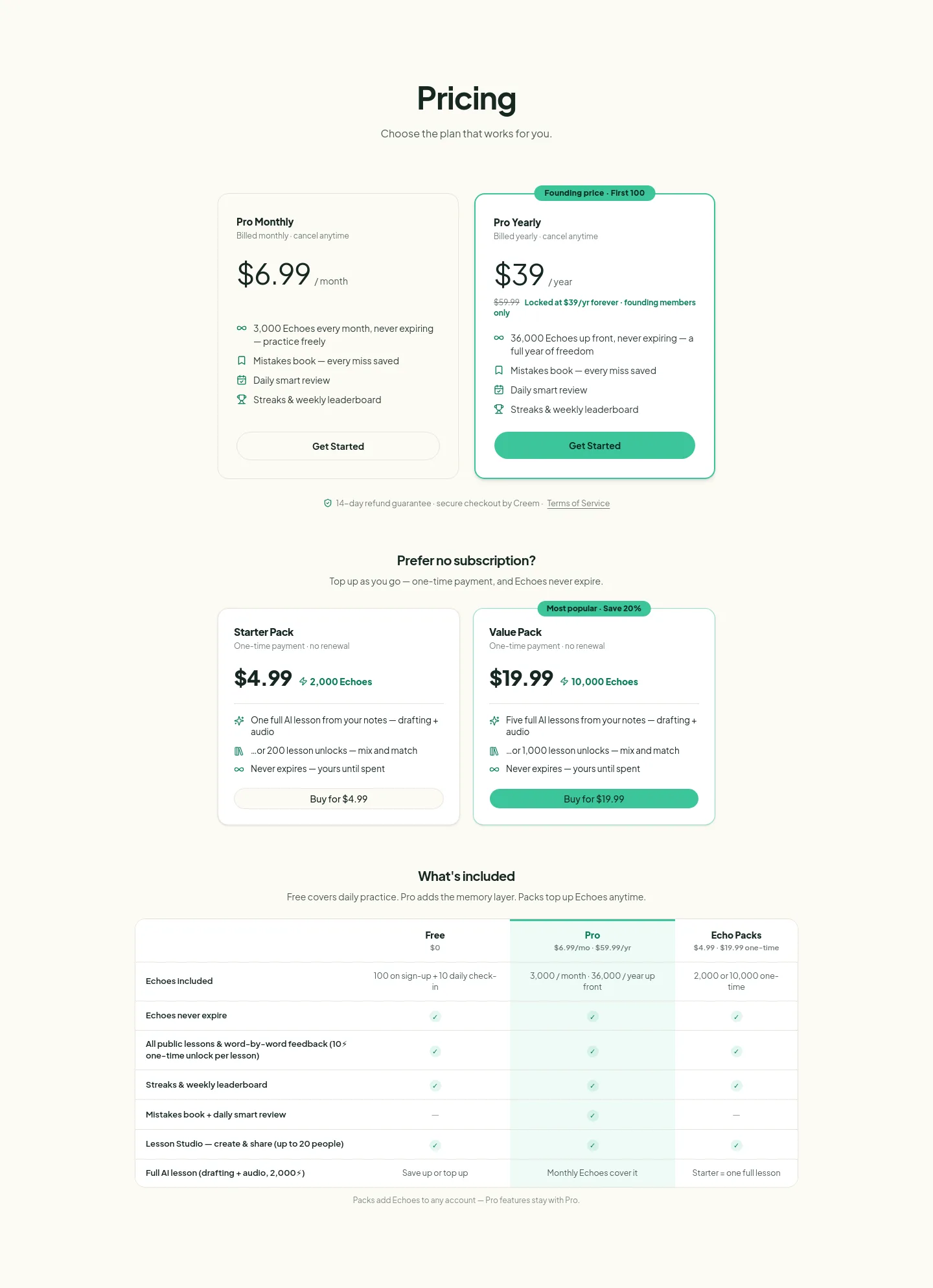 dictationtrainer.com Pricing section