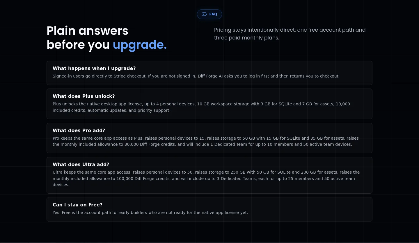 diffforge.ai FAQ section