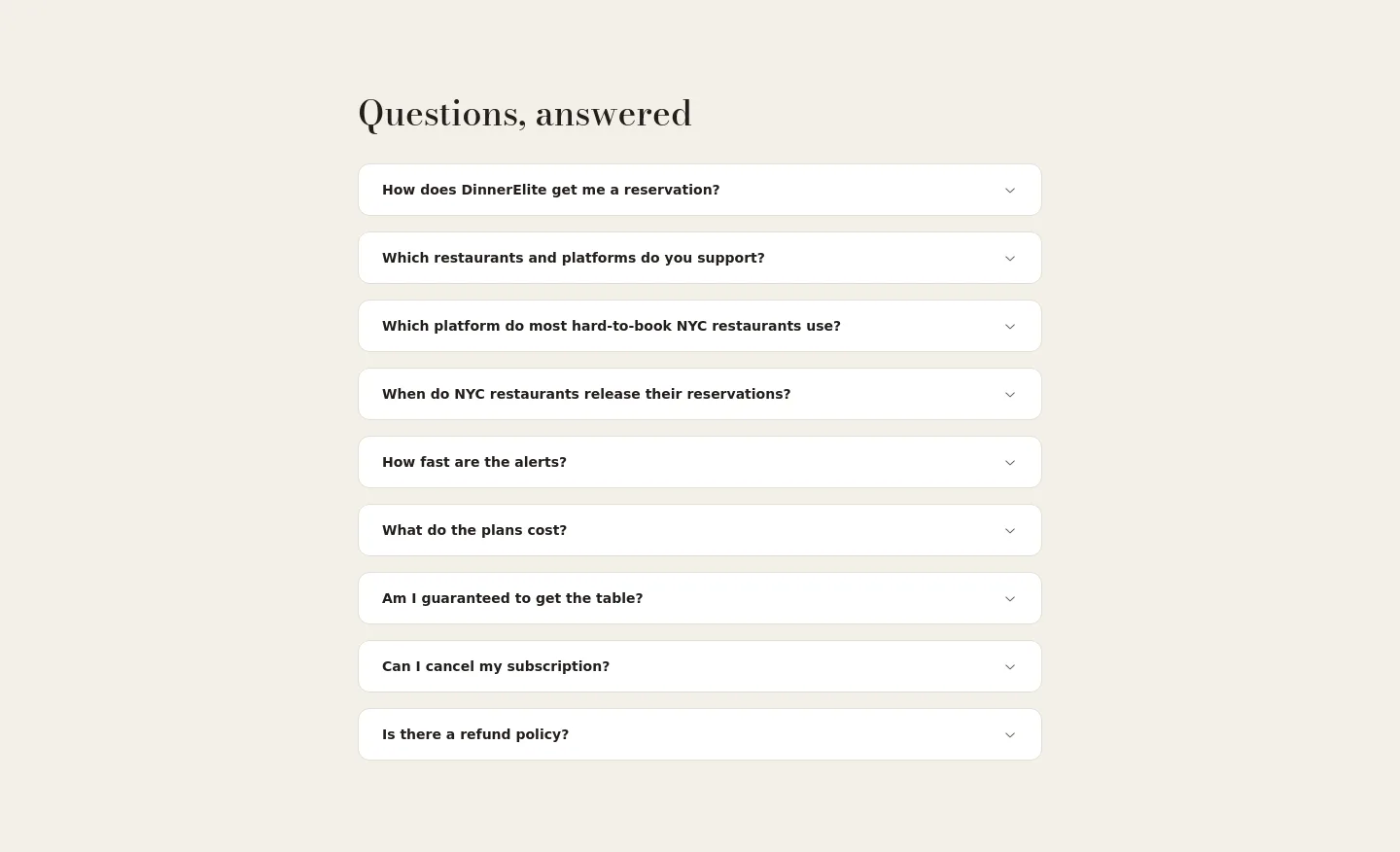 dinnerelite.com — a real FAQ section