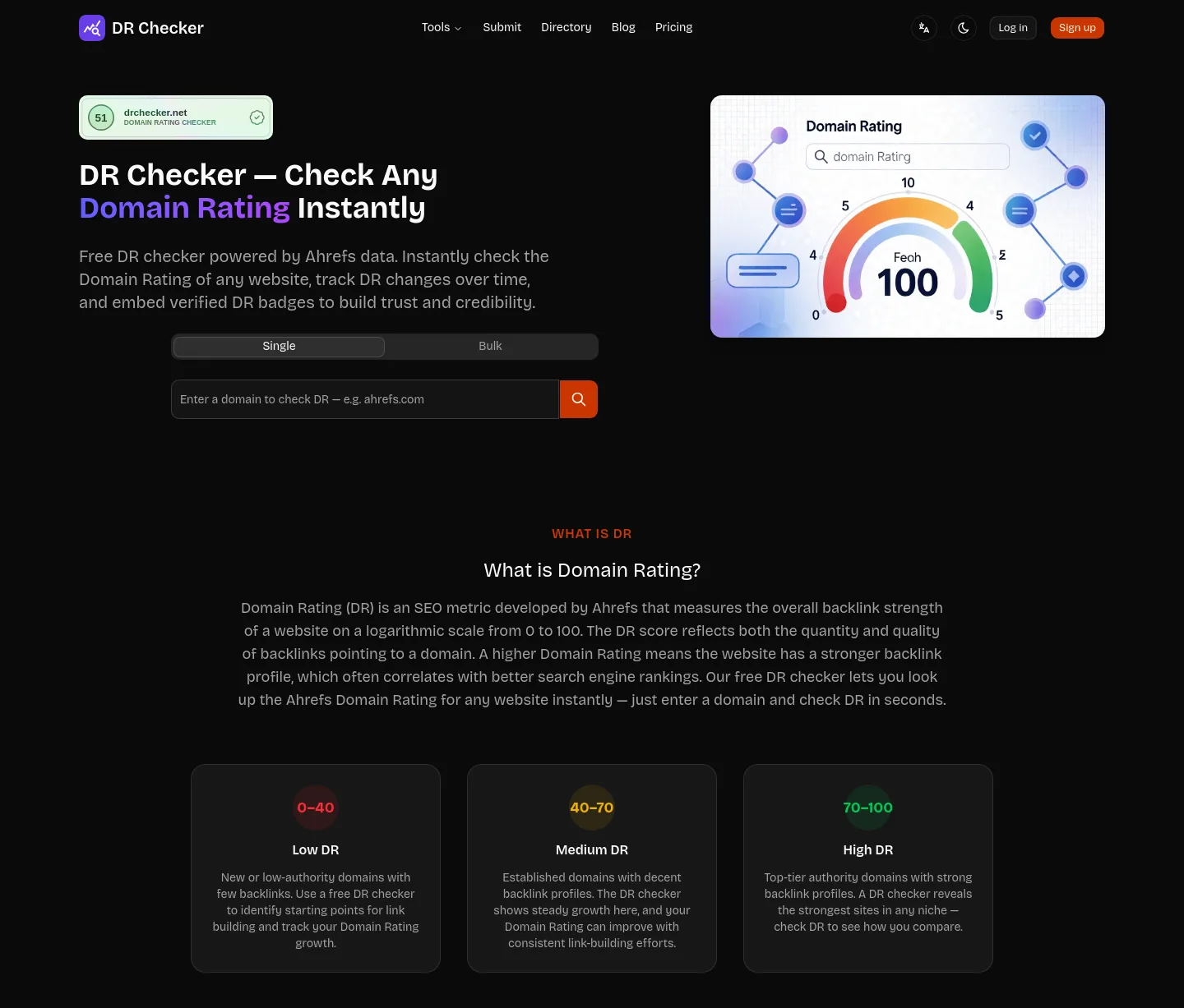 drchecker.net — a real Hero + Features + FAQ page