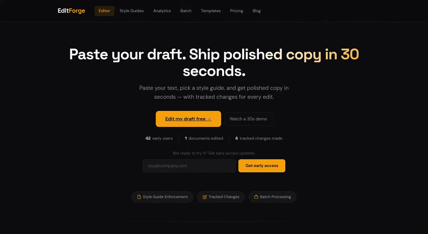 editforge.polsia.app — a measured funnel