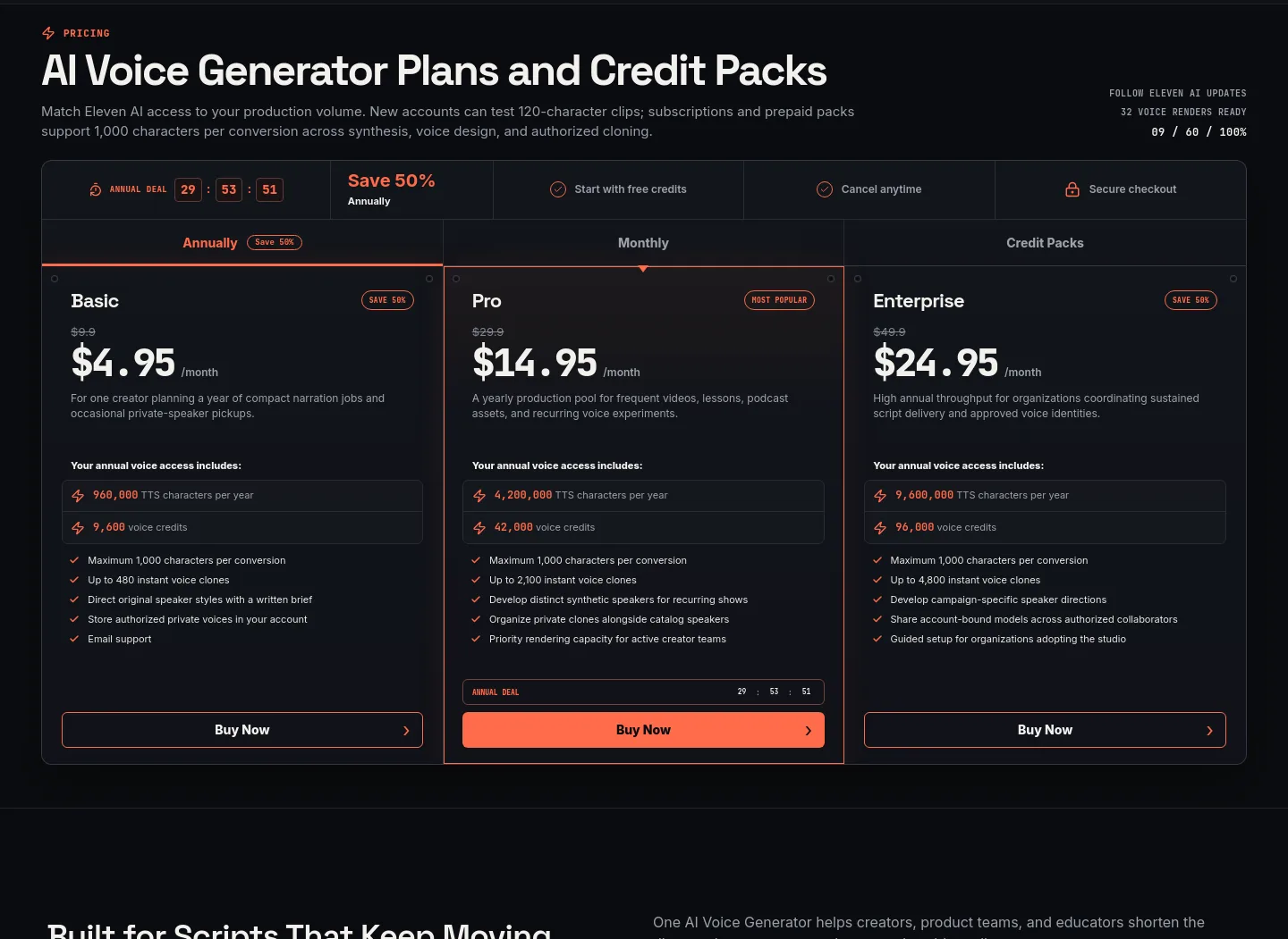elevenai.app — a real Pricing section