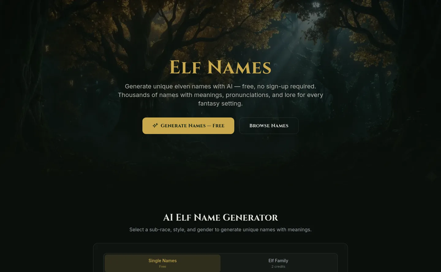 elfnames.wiki Hero section