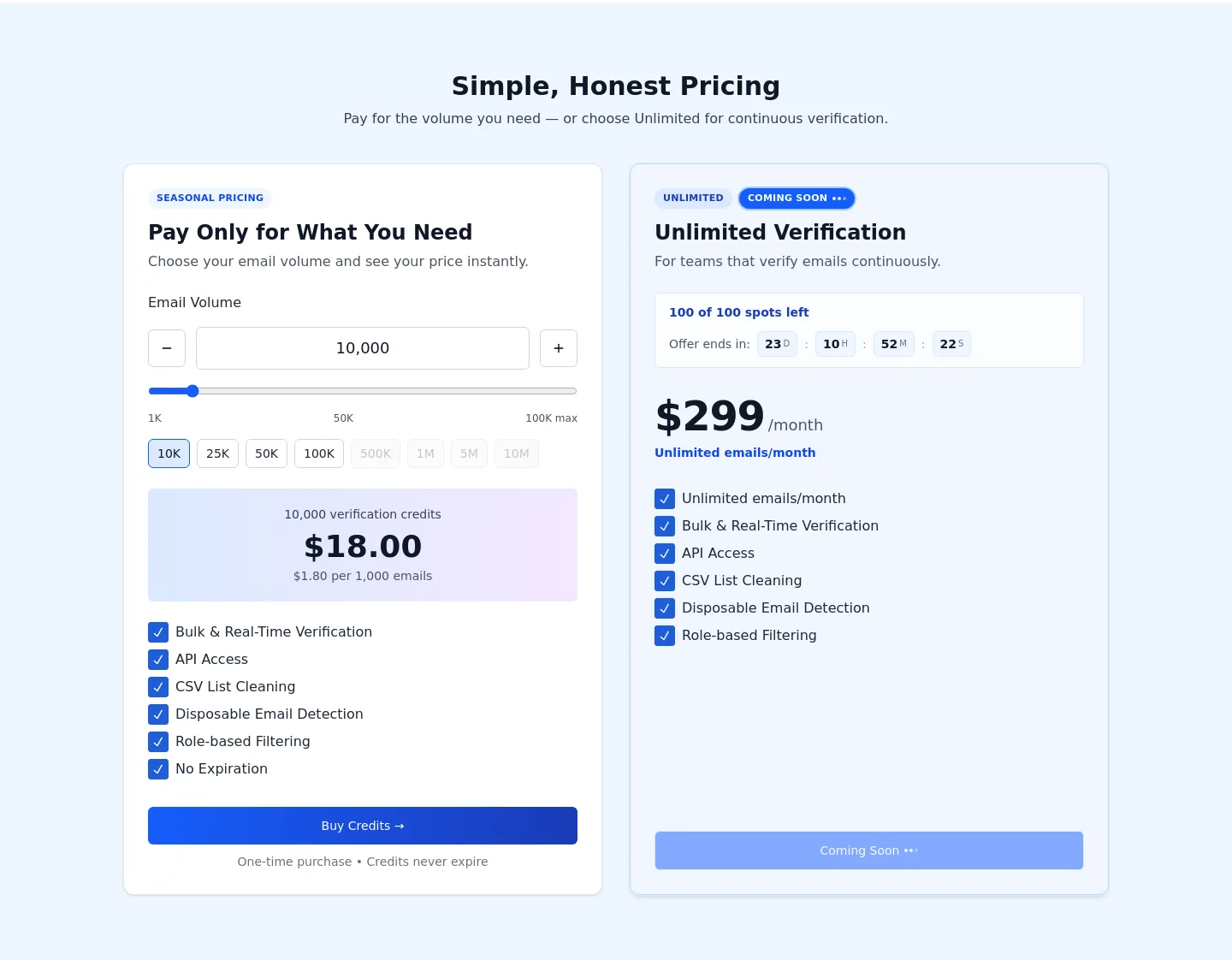 emailverifier.io — a real Pricing section