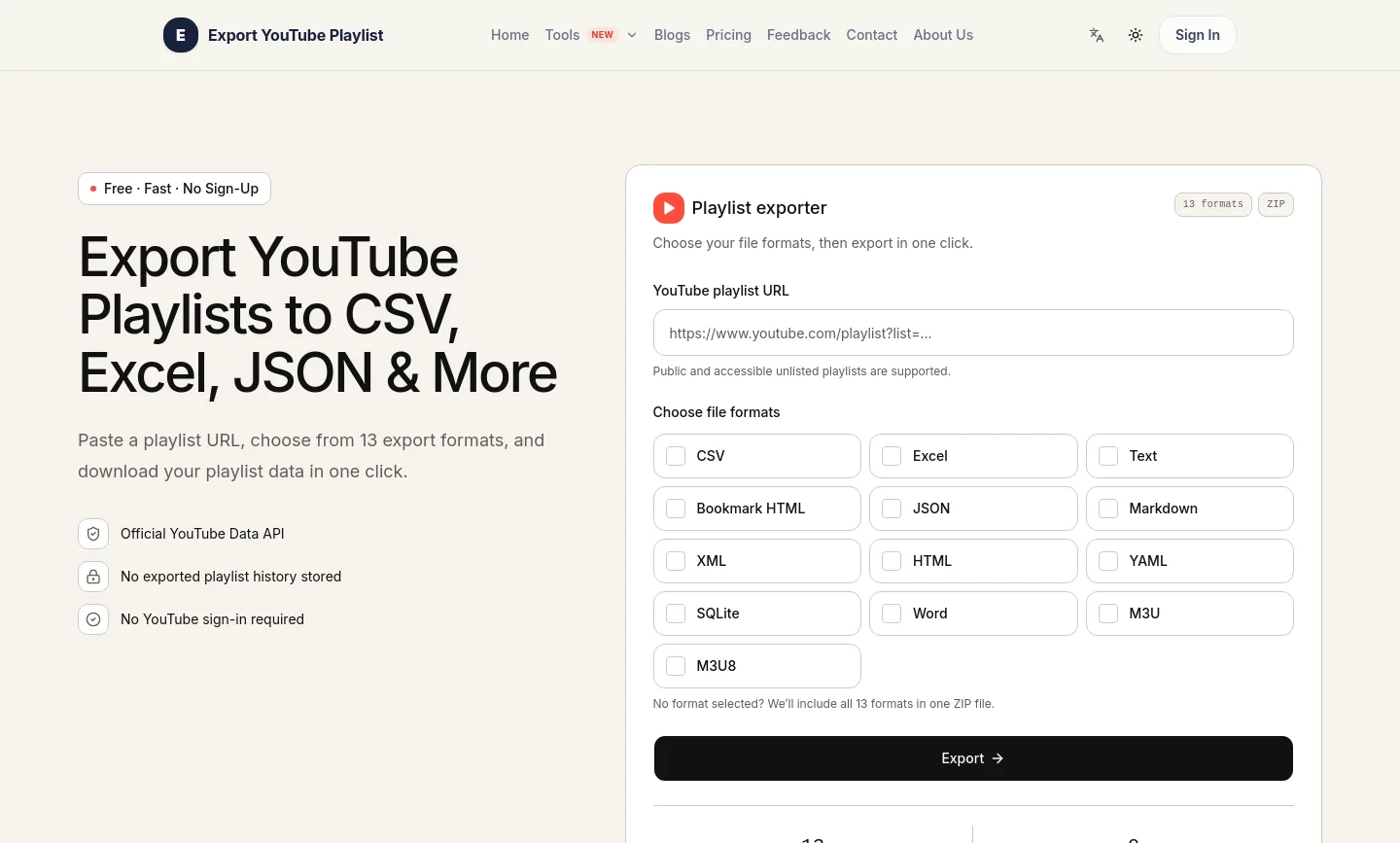 exportyoutubeplaylist.com — Hero + Features + FAQ