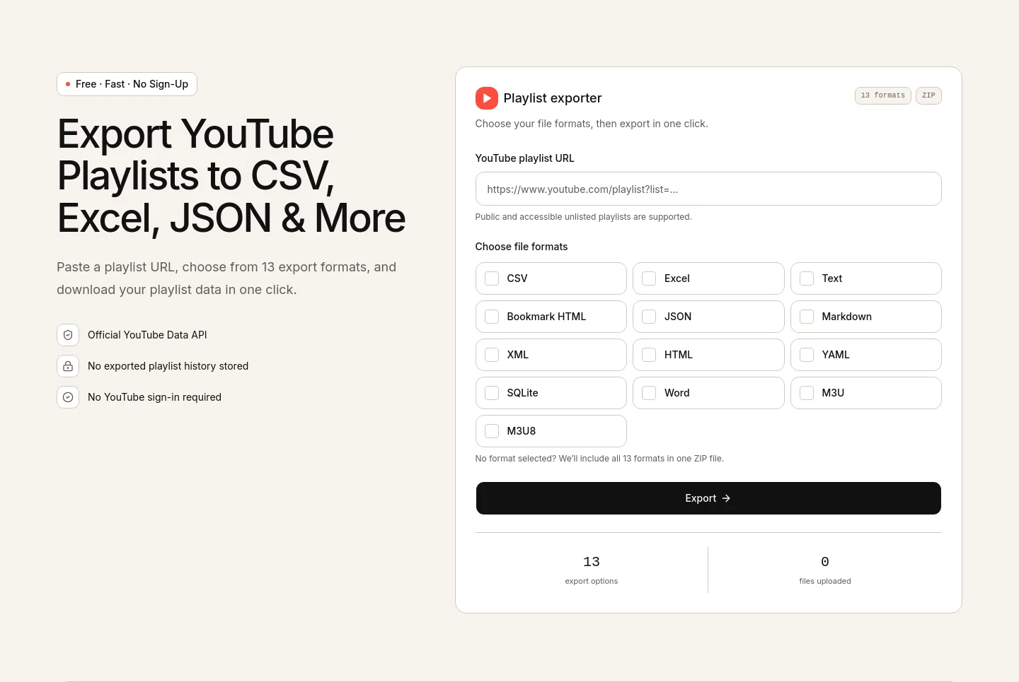 exportyoutubeplaylist.com Hero section