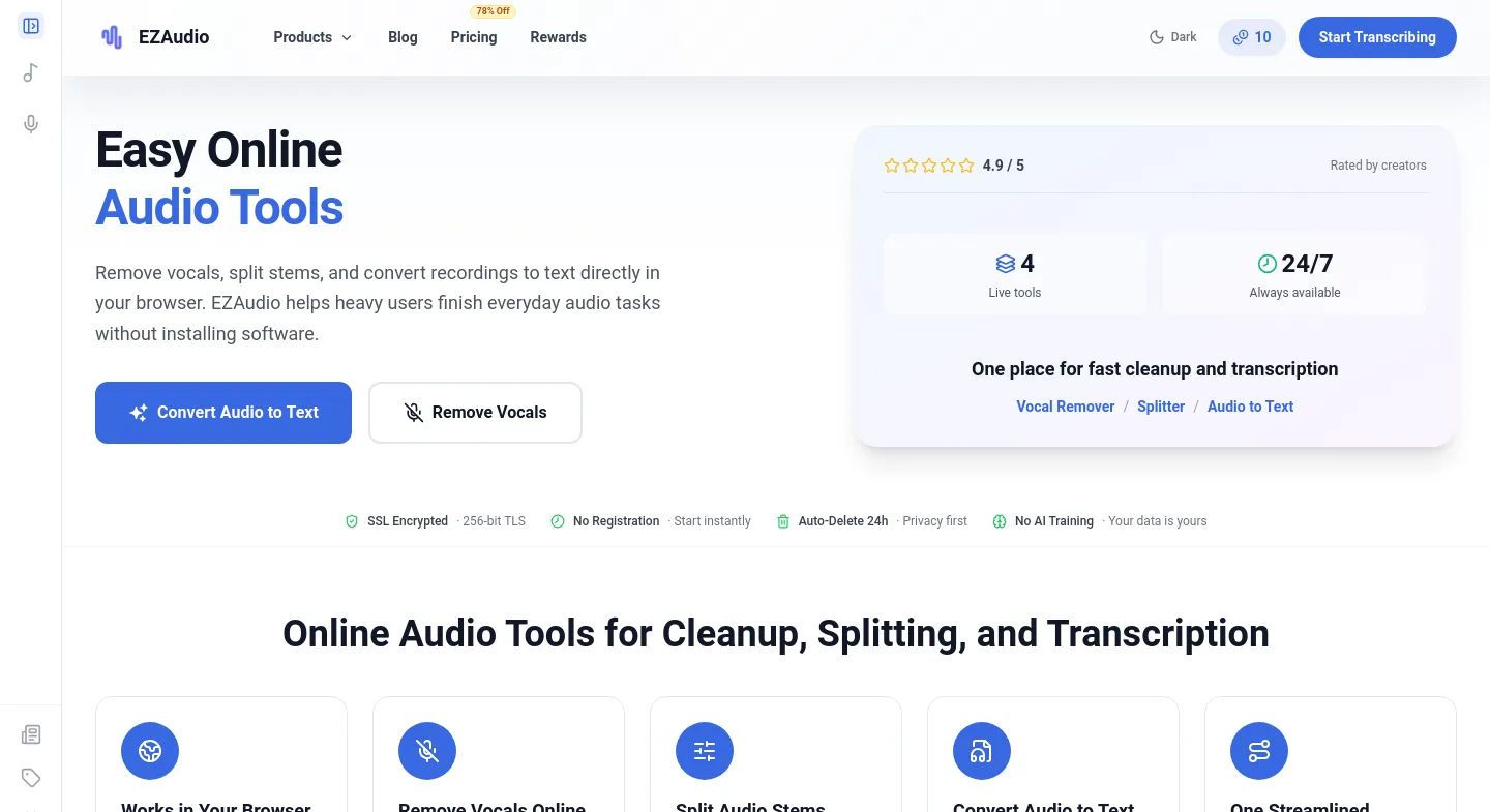 ezaudio.io — a measured funnel
