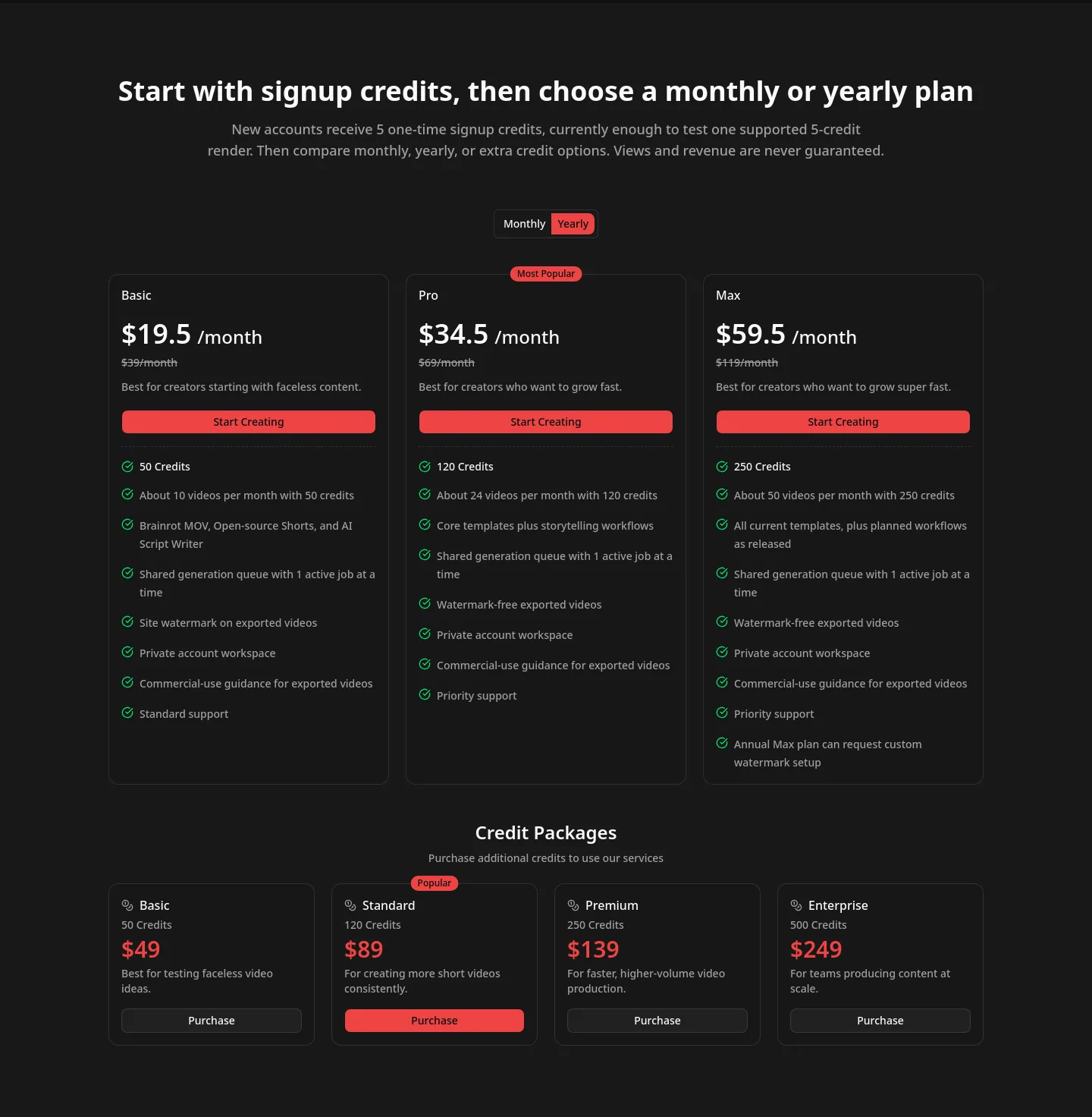 facelessreels.video — a real Pricing section