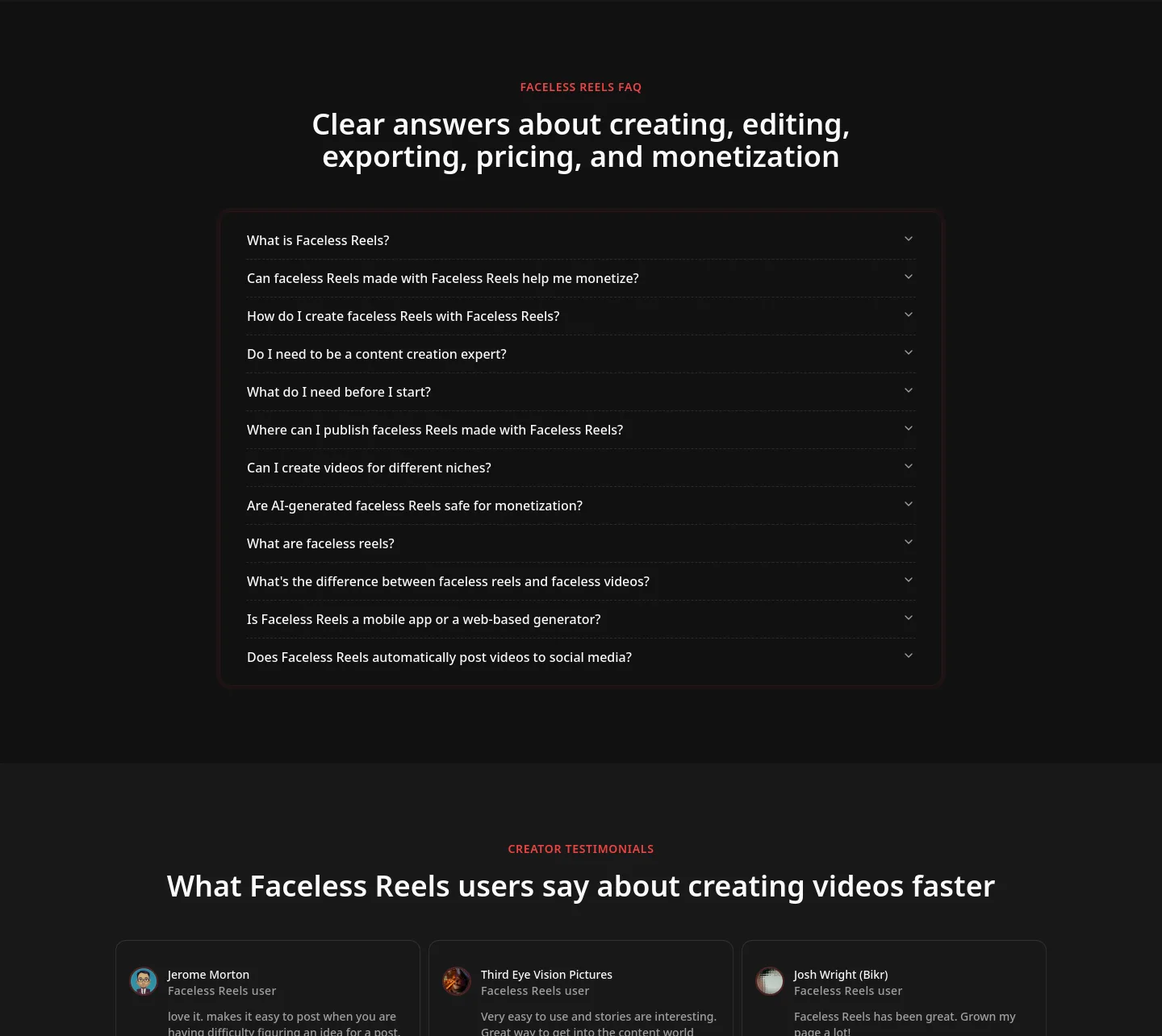 facelessreels.video FAQ section