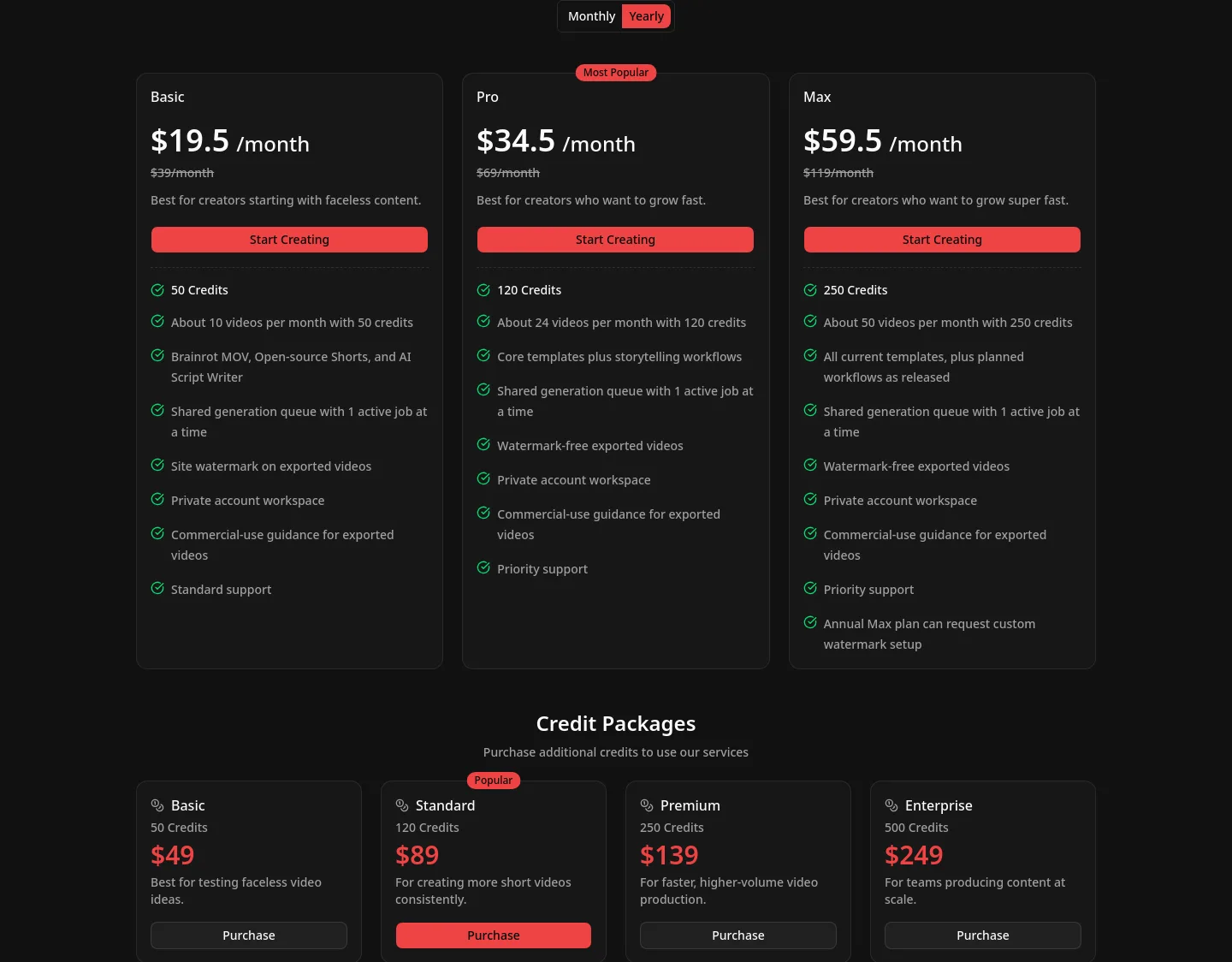 facelessreels.video Pricing section