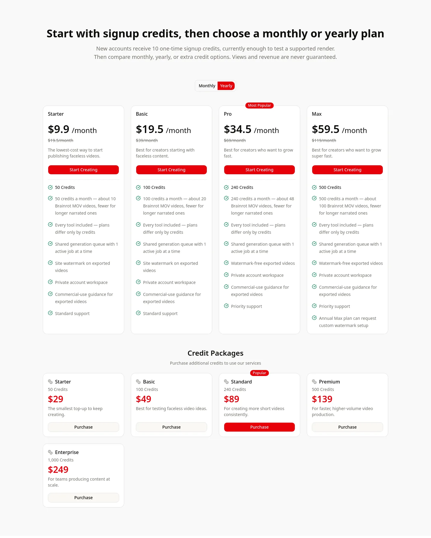 facelessreels.video — Pricing