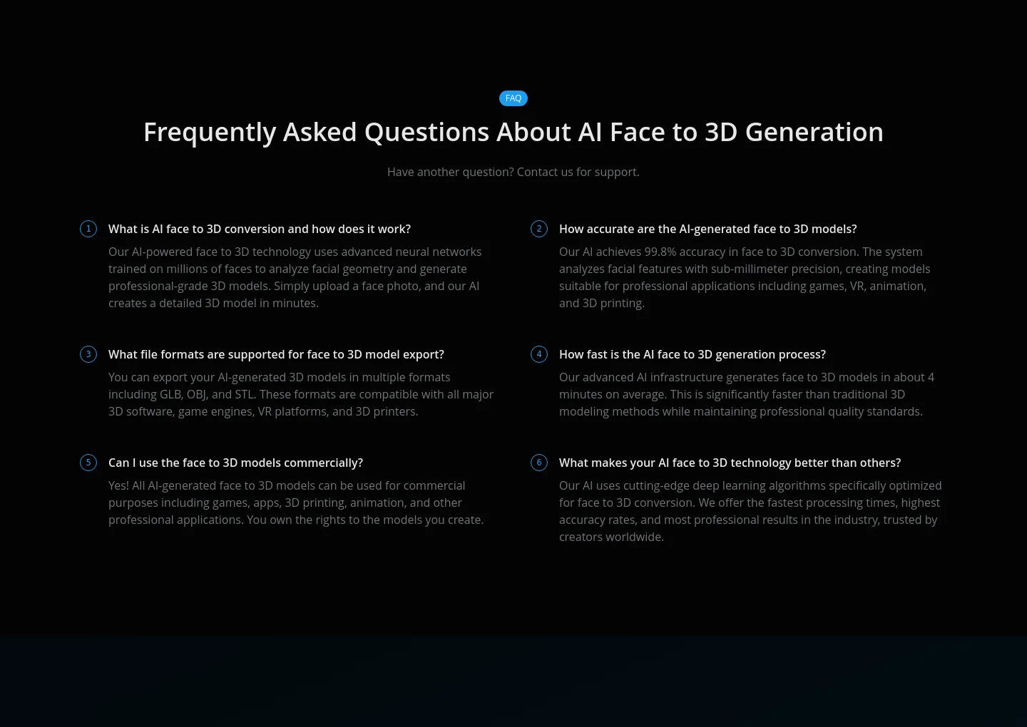 faceto3d.com FAQ section