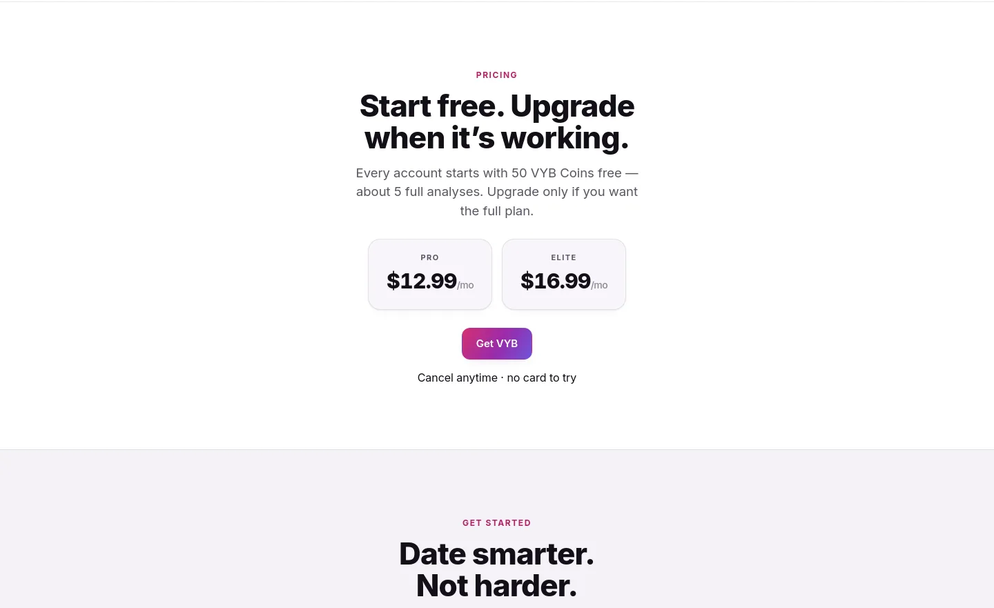 findvyb.com Pricing section