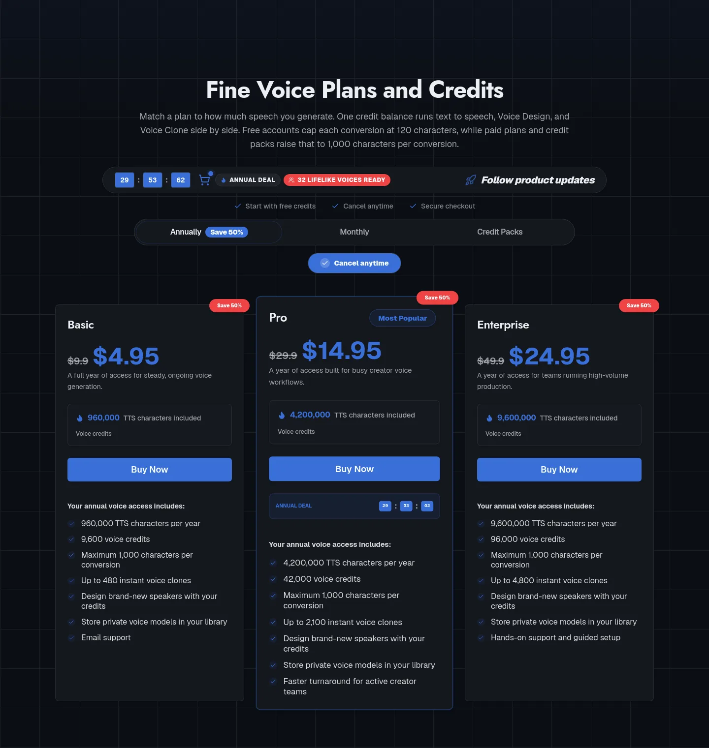 finevoice.org — a real Pricing section