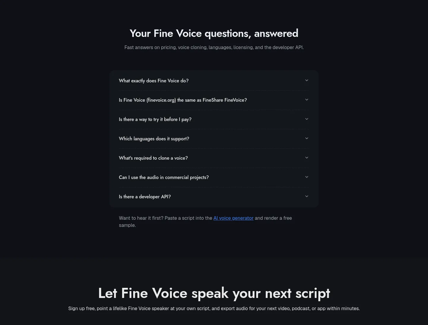 finevoice.org FAQ section
