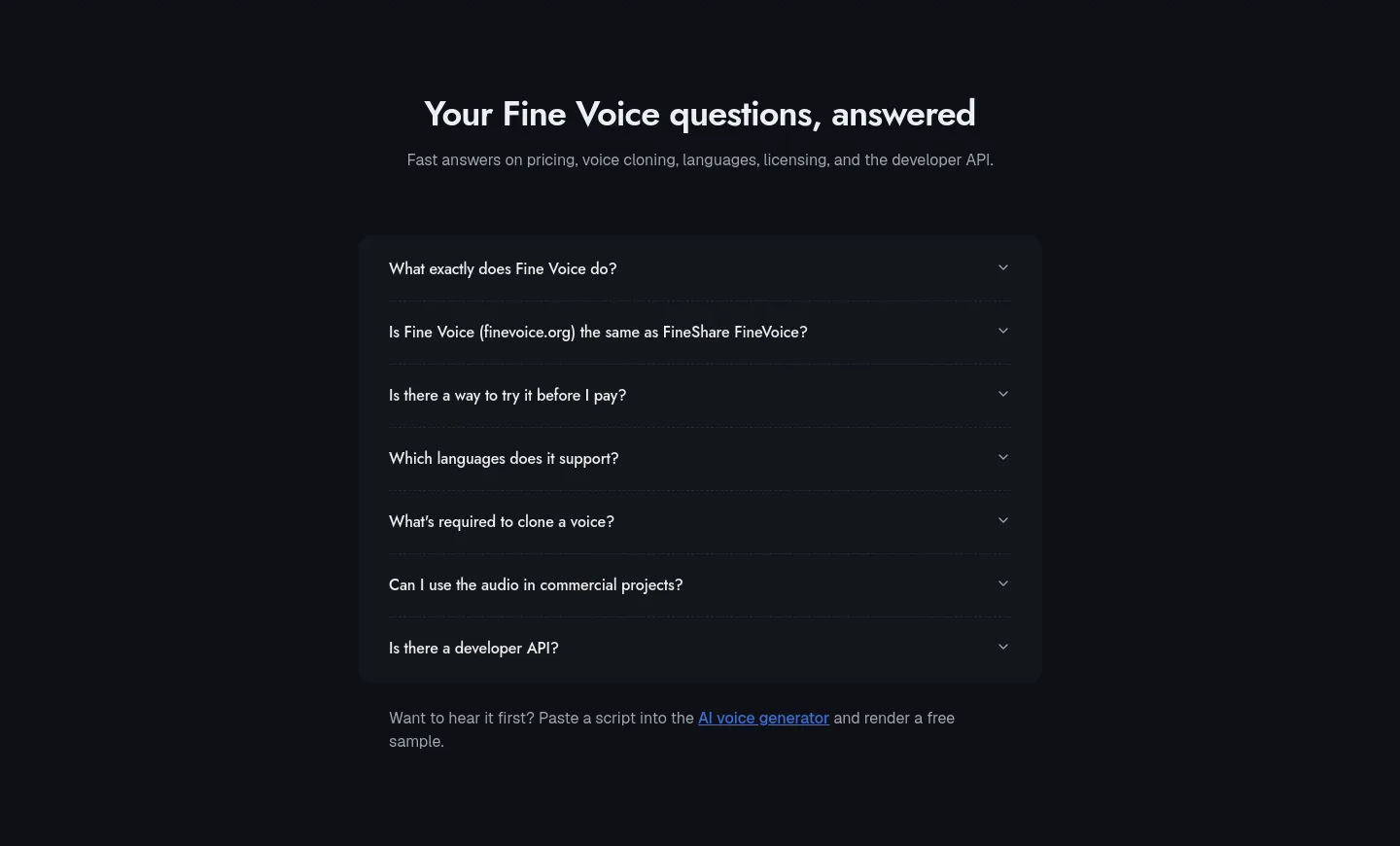 finevoice.org FAQ section