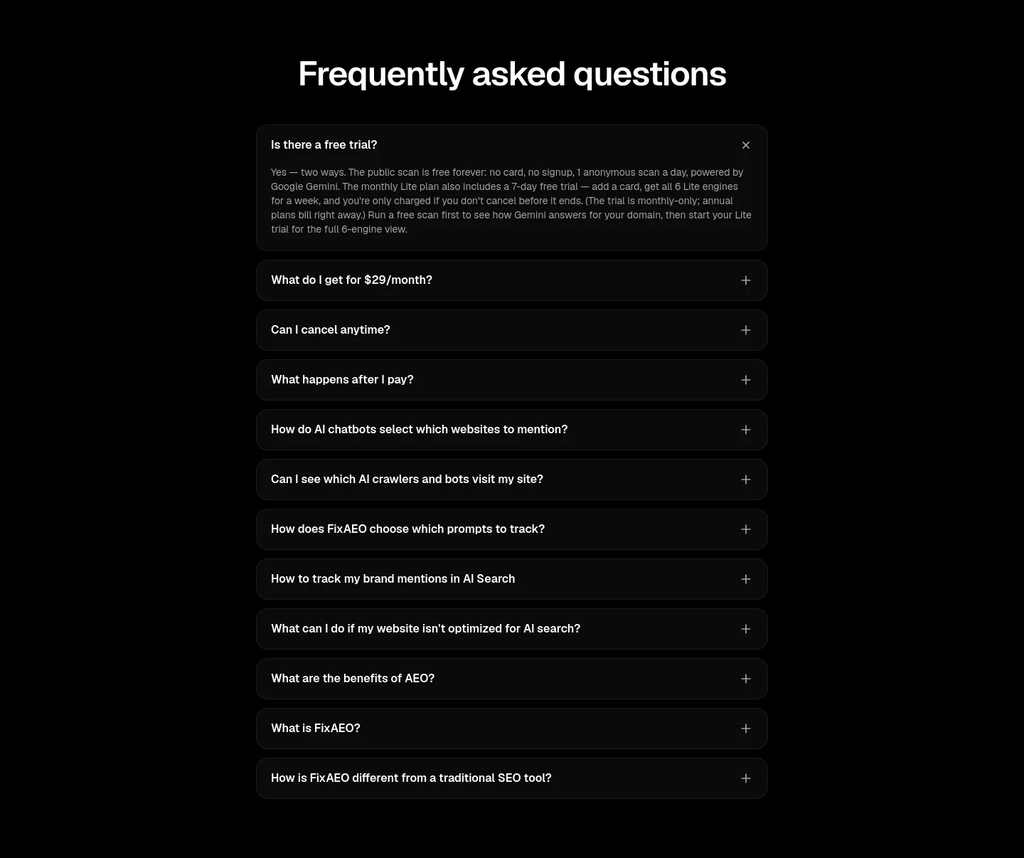 fixaeo.com — a real FAQ section