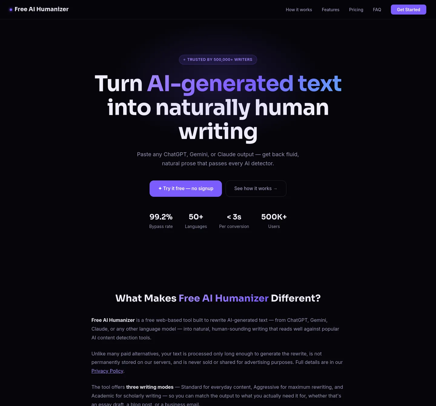 freeaihumanizer.online Hero section
