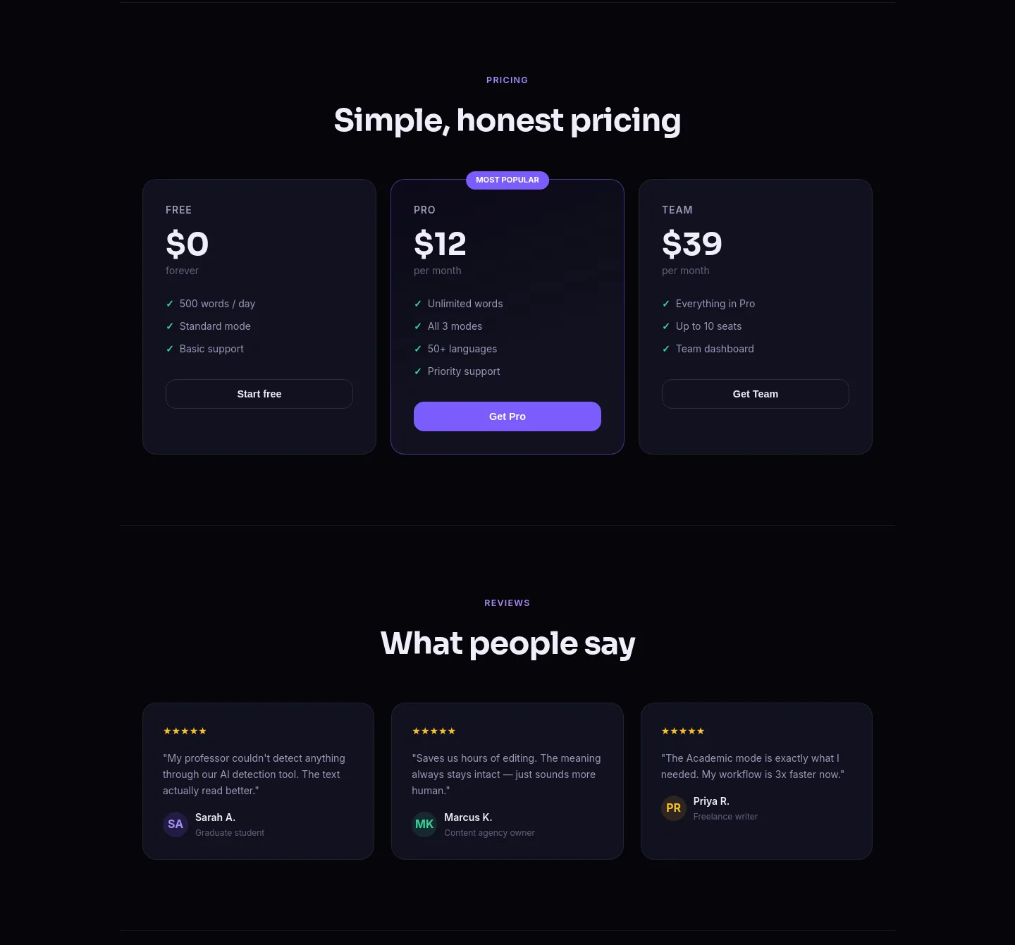 freeaihumanizer.online — a real Pricing section