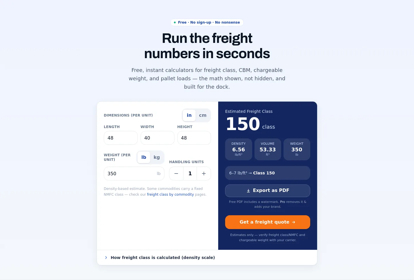 freightcalculatorhub.com — a real Hero section