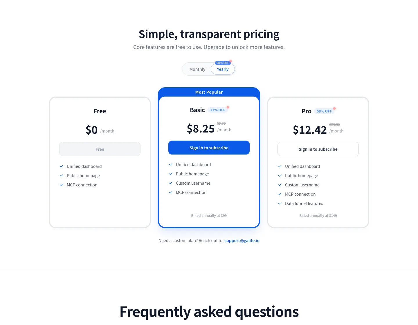 galite.io Pricing section