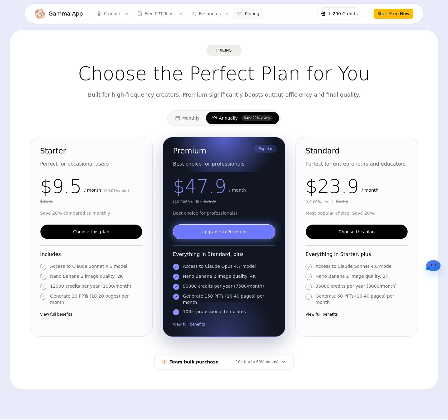 gammaapp.ai — a real Pricing section